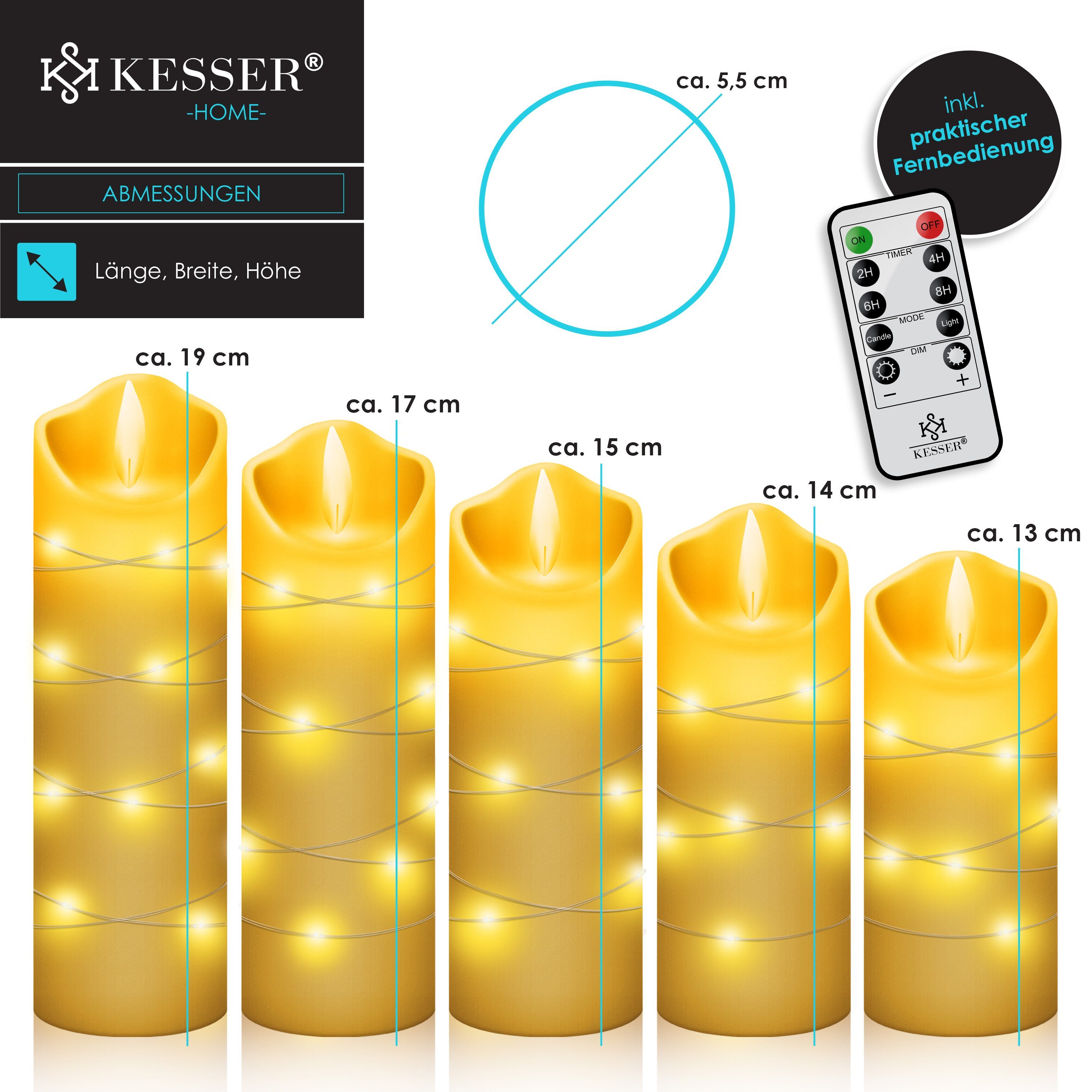 Kerzen Timerfunktion Kerze Weiß / Fernbedienung LED-Kerze, 5er-Set LED mit Set Traditionell Flammenlose KESSER