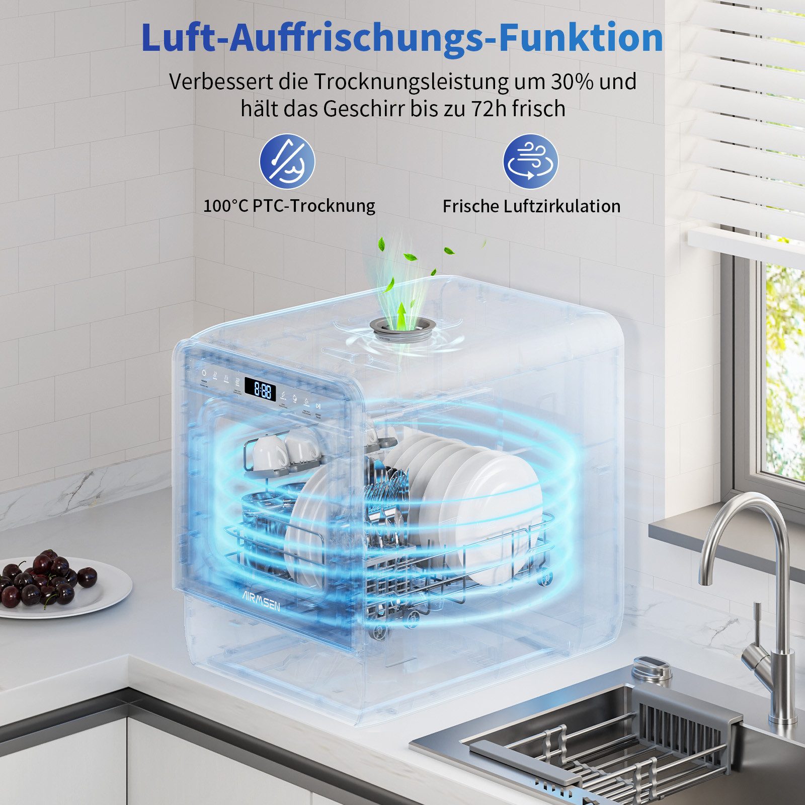 Airmsen Tischgeschirrspüler ECO-Modus,5L wassertank,9 Programme,Selbstreinigend, 1-24H Timer ZMW-DUHC01, 5 l, 4 Maßgedecke, Geeignet für Hausküchen, Wohnungen,  – Bild 5 von 5