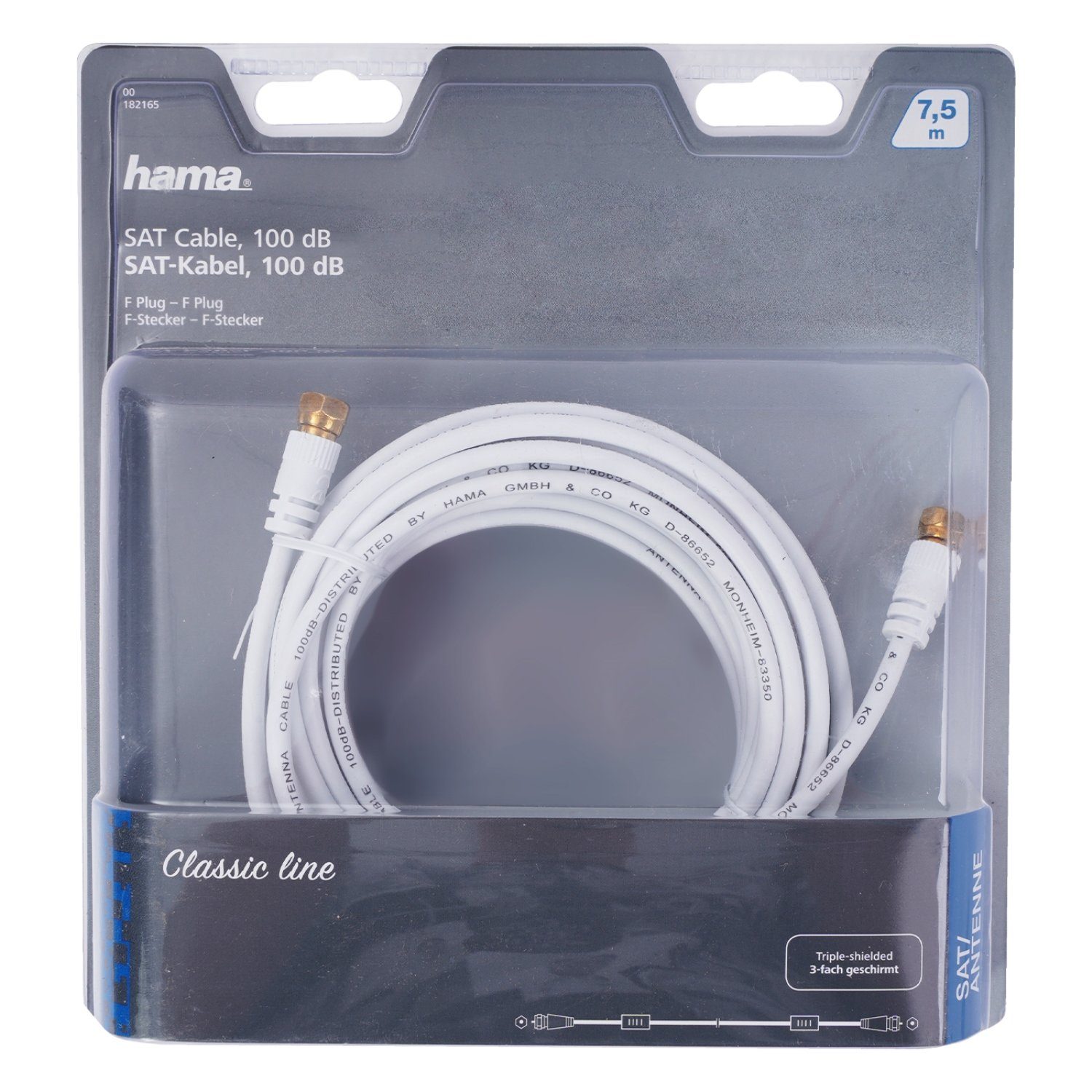 Hama 7,5m Sat-Kabel 100dB 4K HD TV Antennen-Kabel Video-Kabel, F-Stecker, Kein (750 cm), 7,5m, für TV etc, 100 db 3-Fach geschirmt, Koaxial-Kabel mit F-Stecker