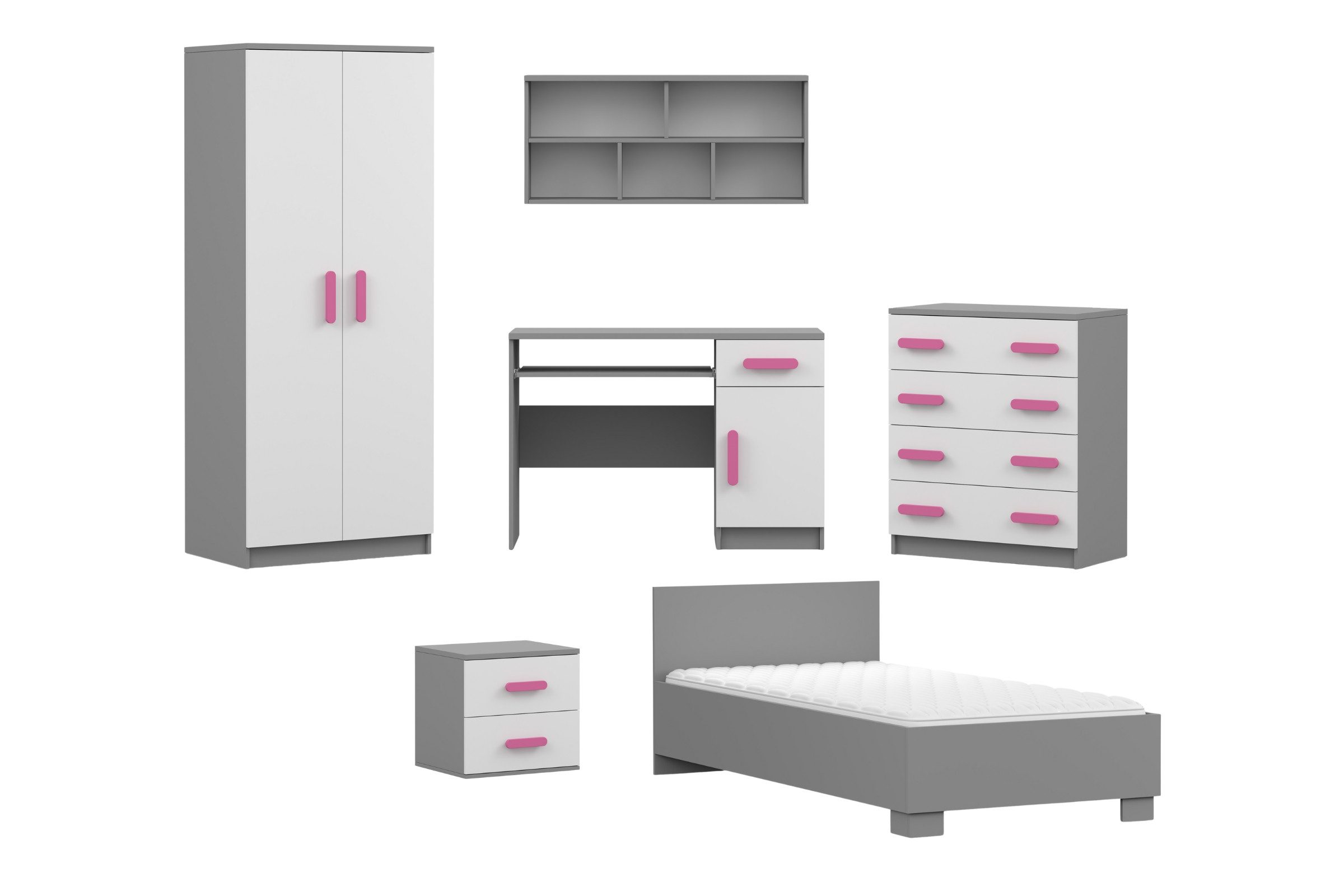 Deine Мебель 24 Jugendzimmer-Set INGE Jugendzimmer Jugendmöbel Kinderzimmer komplett 6-teilig, (Kindermöbel aus Laminatplatte, 6-tlg., Bett, Nachttisch, Schreibtisch, Hängeregal, Kleiderschrank, Kommode), Kinderzimmer Set Weiß Griffe Rosa Blau Grün Grau Weiß Sonoma