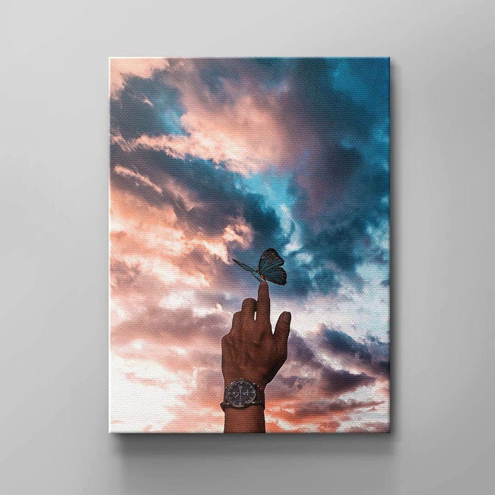 Leinwandbild himmel braun Rahmen Wandbild Beautiful Beau Schmetterling finger DOTCOMCANVAS® hand blau Butterfly, weißer Natur rosa