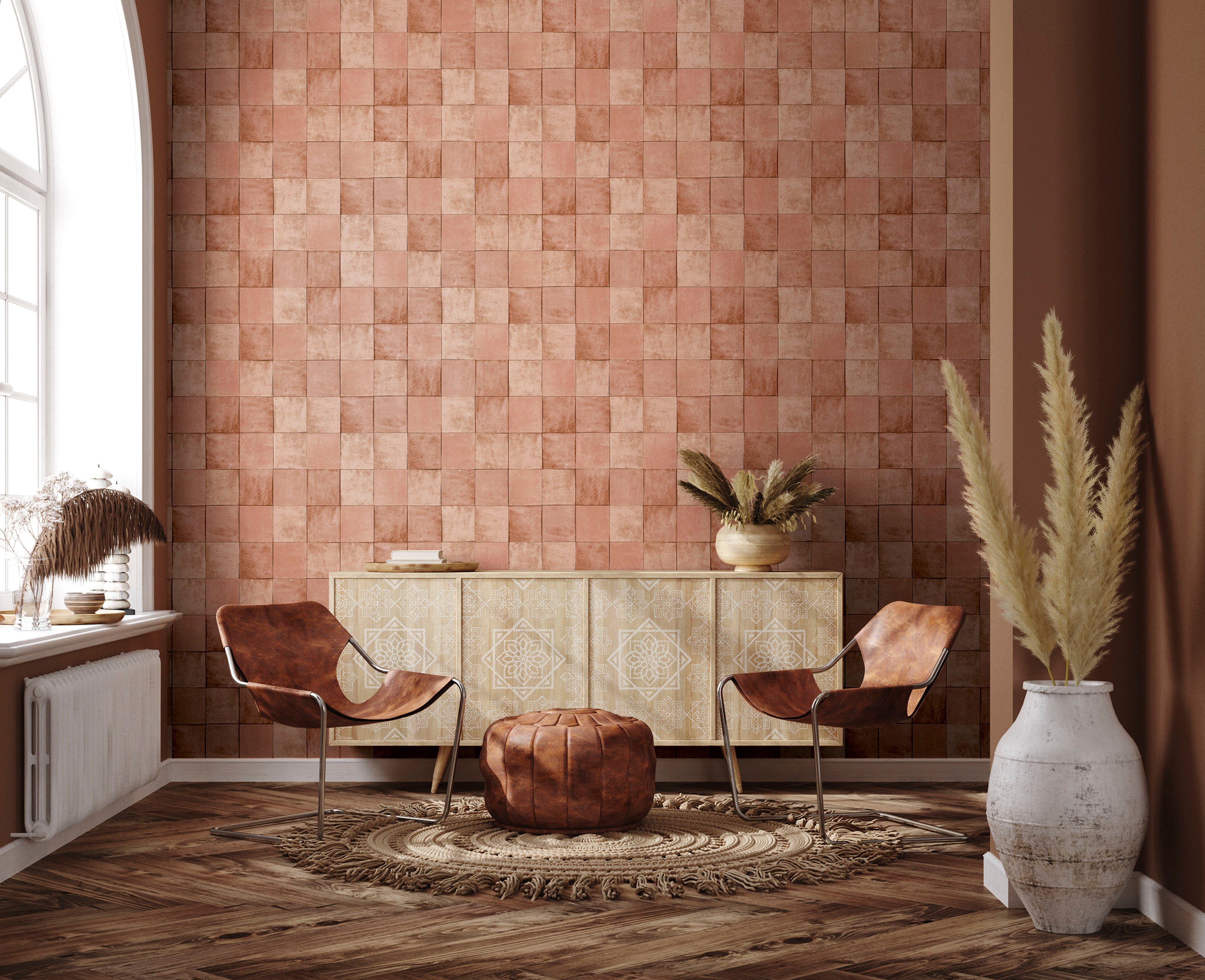 Marburg Fototapete Tile, glatt, matt, moderne Vliestapete für Wohnzimmer Schlafzimmer Küche koralle