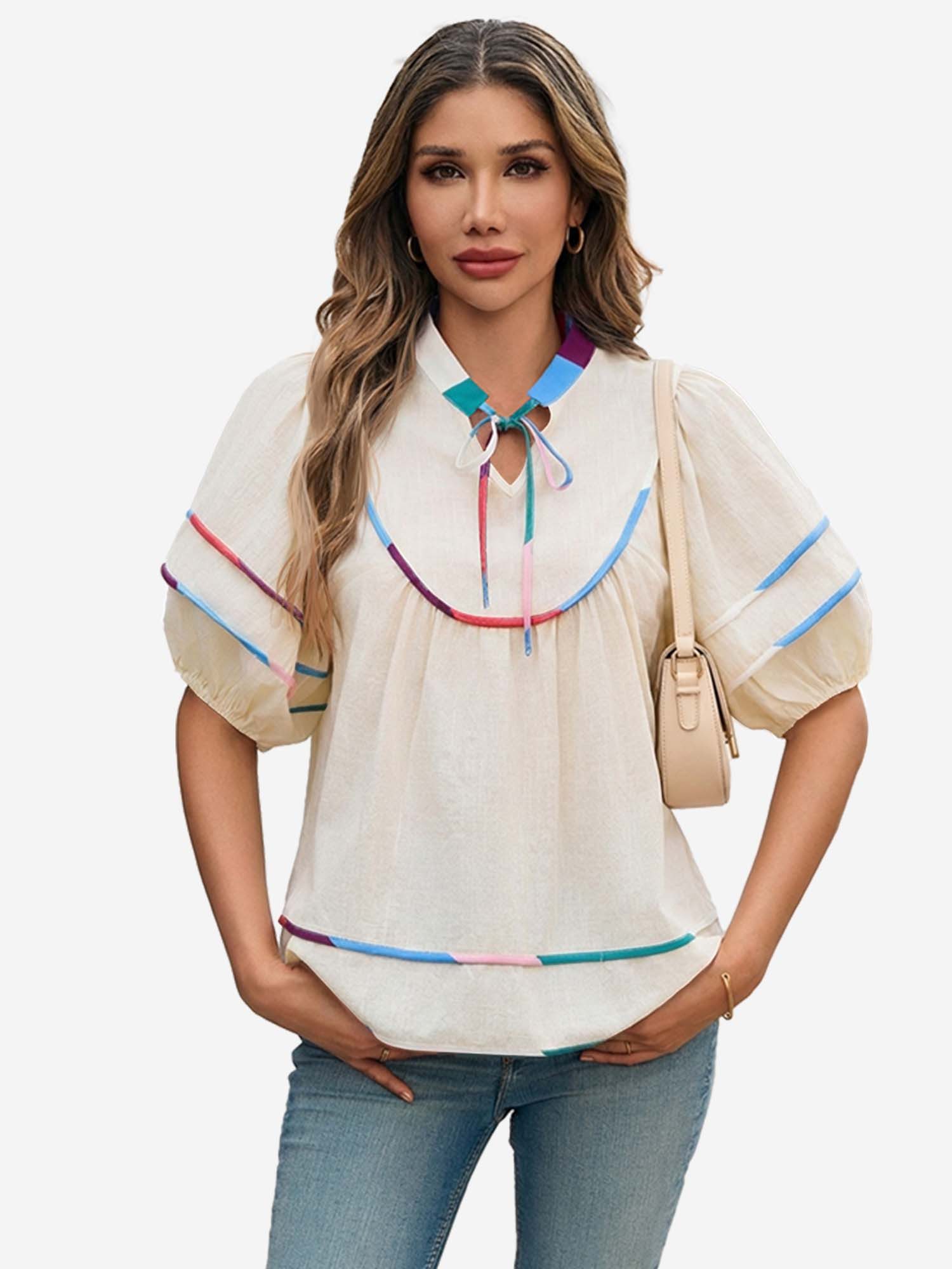 Imily Bela Blusentop Damen Bluse mit Puffärmeln und V-Ausschnitt (Packung, 1-tlg., 1per-Pack) mit Kordelzügen