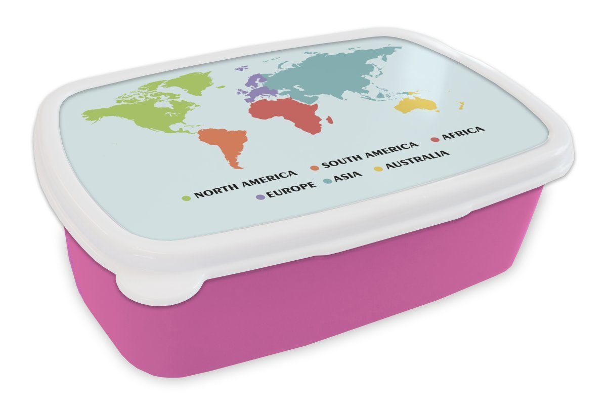 MuchoWow Lunchbox Weltkarte Kinder - Trendy - Farben, Kunststoff, (2-tlg), Brotbox für Erwachsene, Brotdose Kinder, Snackbox, Mädchen, Kunststoff rosa | Lunchboxen