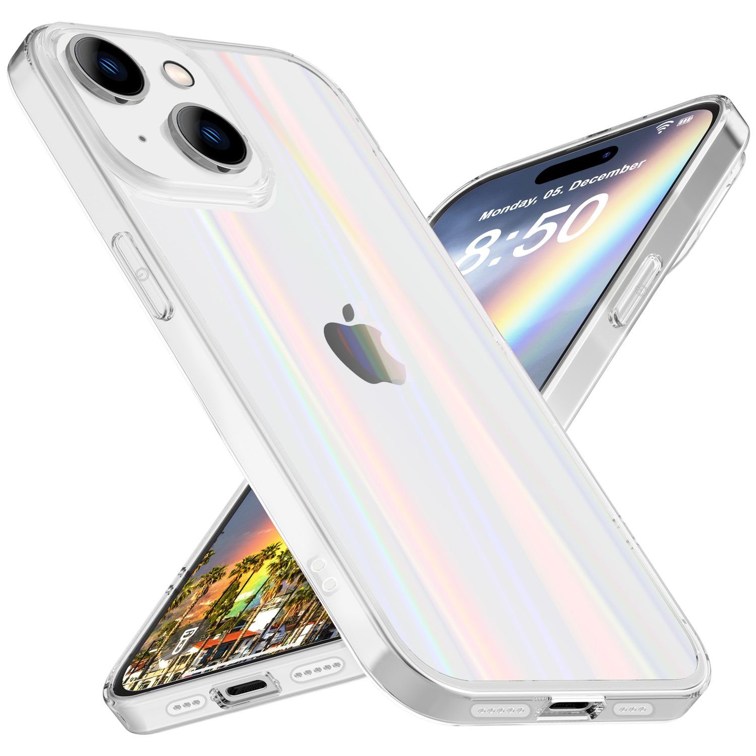 Nalia Smartphone-Hülle Apple iPhone 15, Klare Hartglas Hülle / Regenbogen Effekt / Bunt Glänzend / Kratzfest