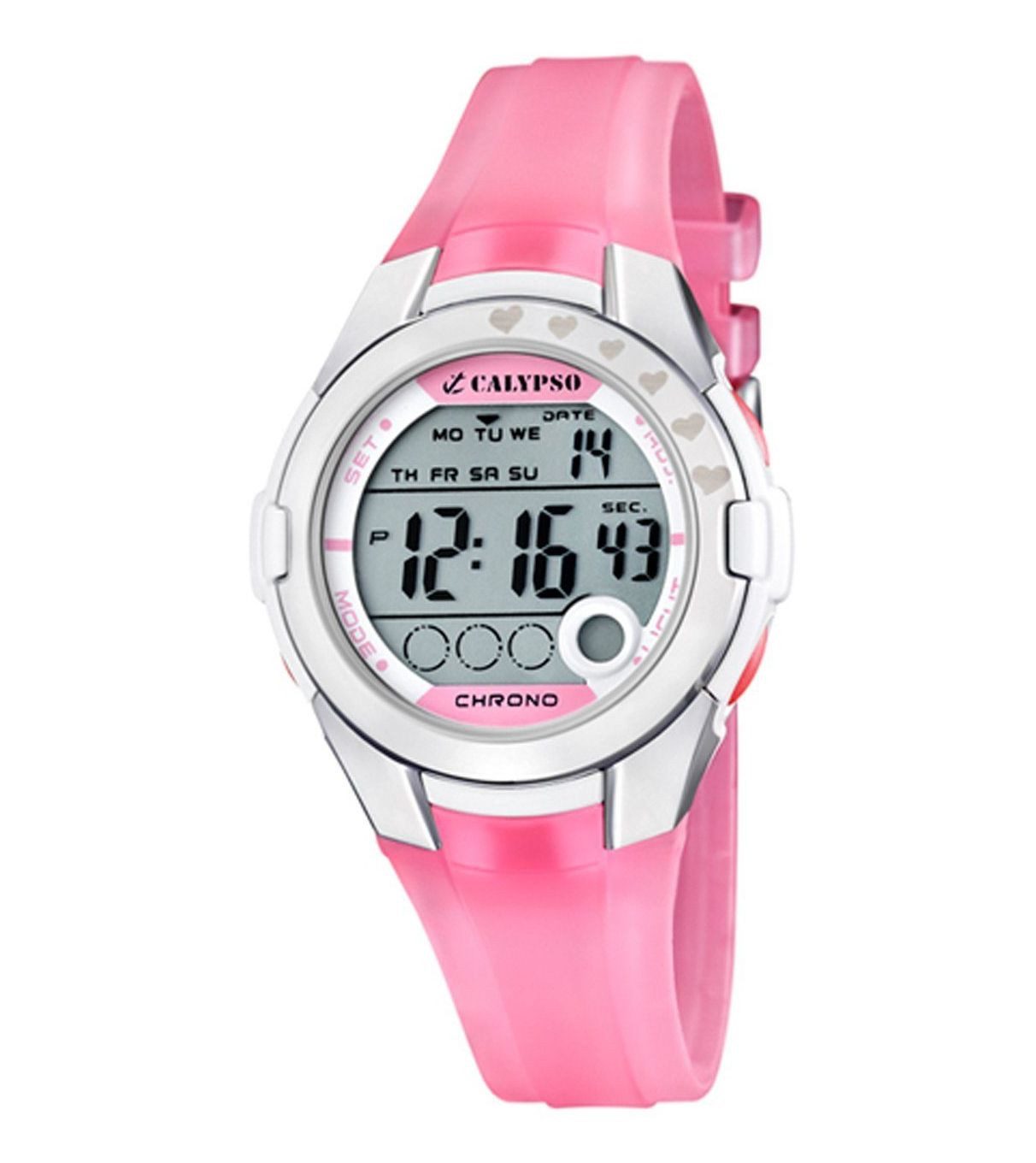 Calypso Quarzuhr Digital Damenuhr K5571-2 Weiss Kunststoffband Rosa 38 mm