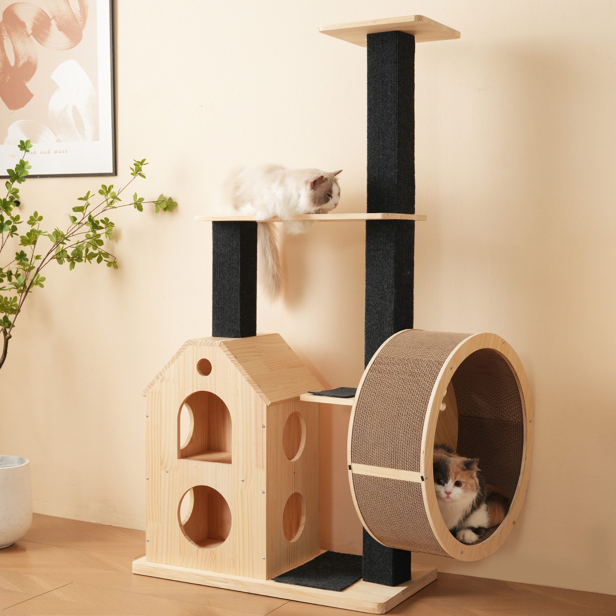 MODFU Kratzbaum mit abnehmbaren Доски для когтеточек, aus massivem Kiefernholz, mit integriertem Laufrad, 4 Kletterplattformen, Sisal-Kratzsäulen