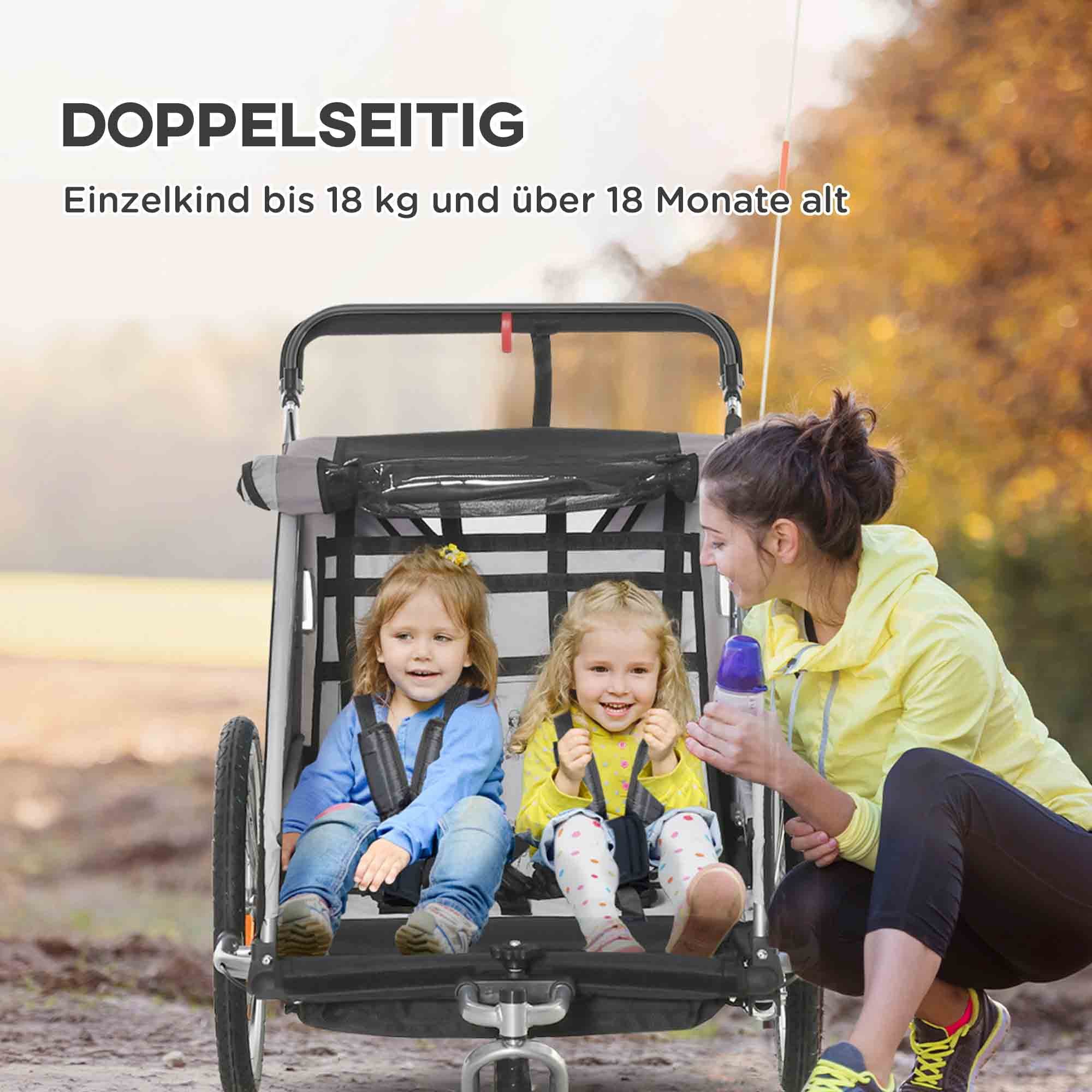 HOMCOM Fahrradkinderanhänger Kinderanhänger, Fahrradanhänger, für 2 Kinder, grau, für 2 Kinder ab 18 Monate, bis 26,4 kg belastbar, Grau – Bild 5 von 5