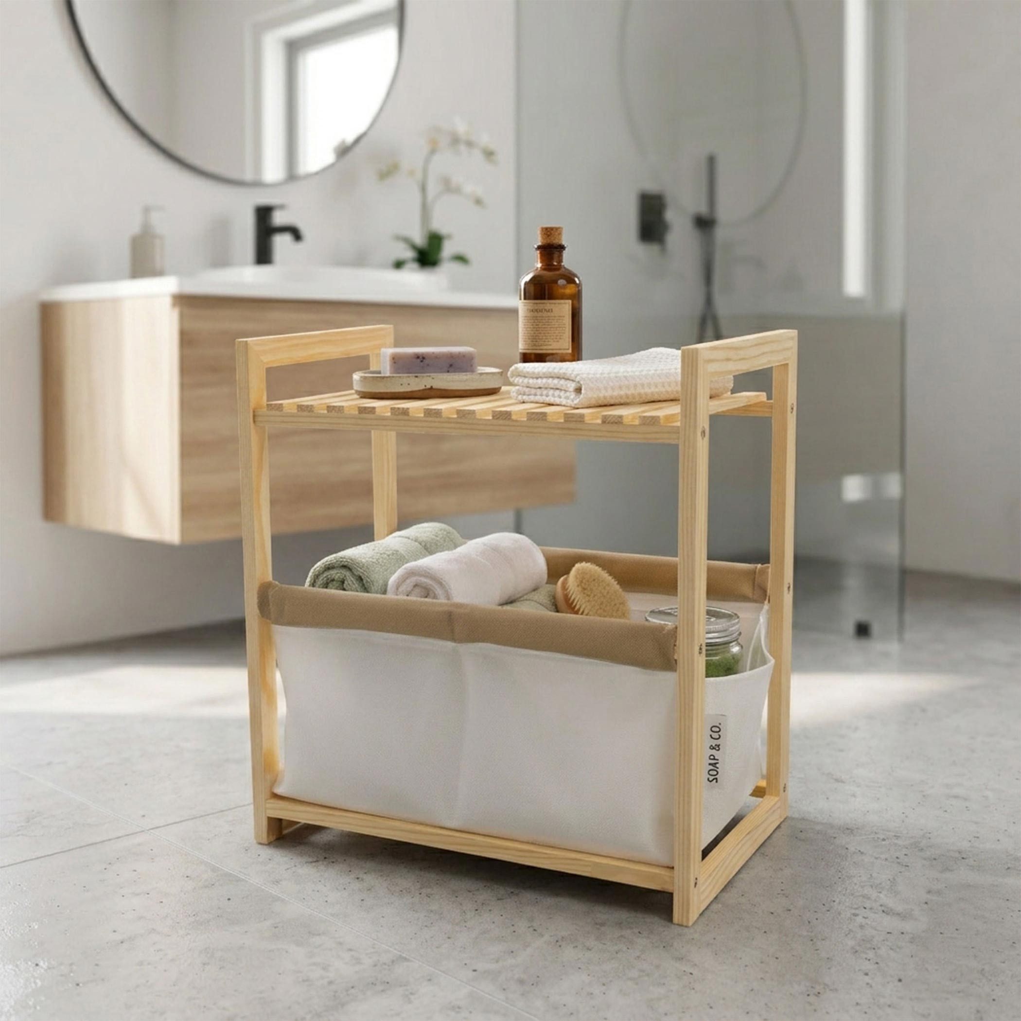 Spetebo Ablageregal Holz Badezimmerregal natur mit Stoffkorb, - 39 x 36 cm 1-tlg., Standregal im Scandi-Design klein mit Ablage und Korb – Bild 4 von 5