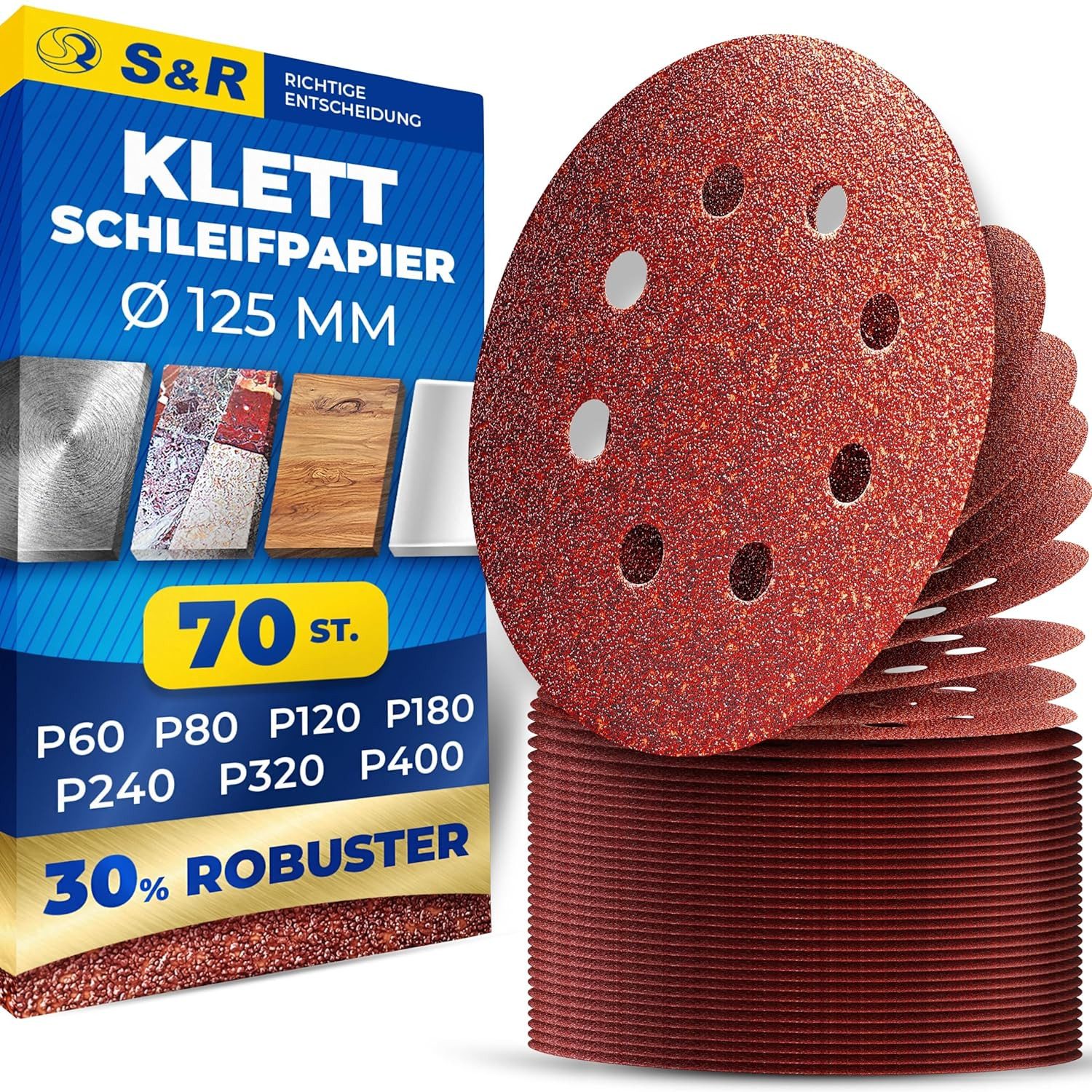 S&R Schleifpapier Klett Schleifpapier Professional, Set 125 mm, (Set, 70 St., 70 St: je 10x P60, P80, P120, P180, P240, P320, P400), 8 Löcher, Schleifblätter für Exzenterschleifer