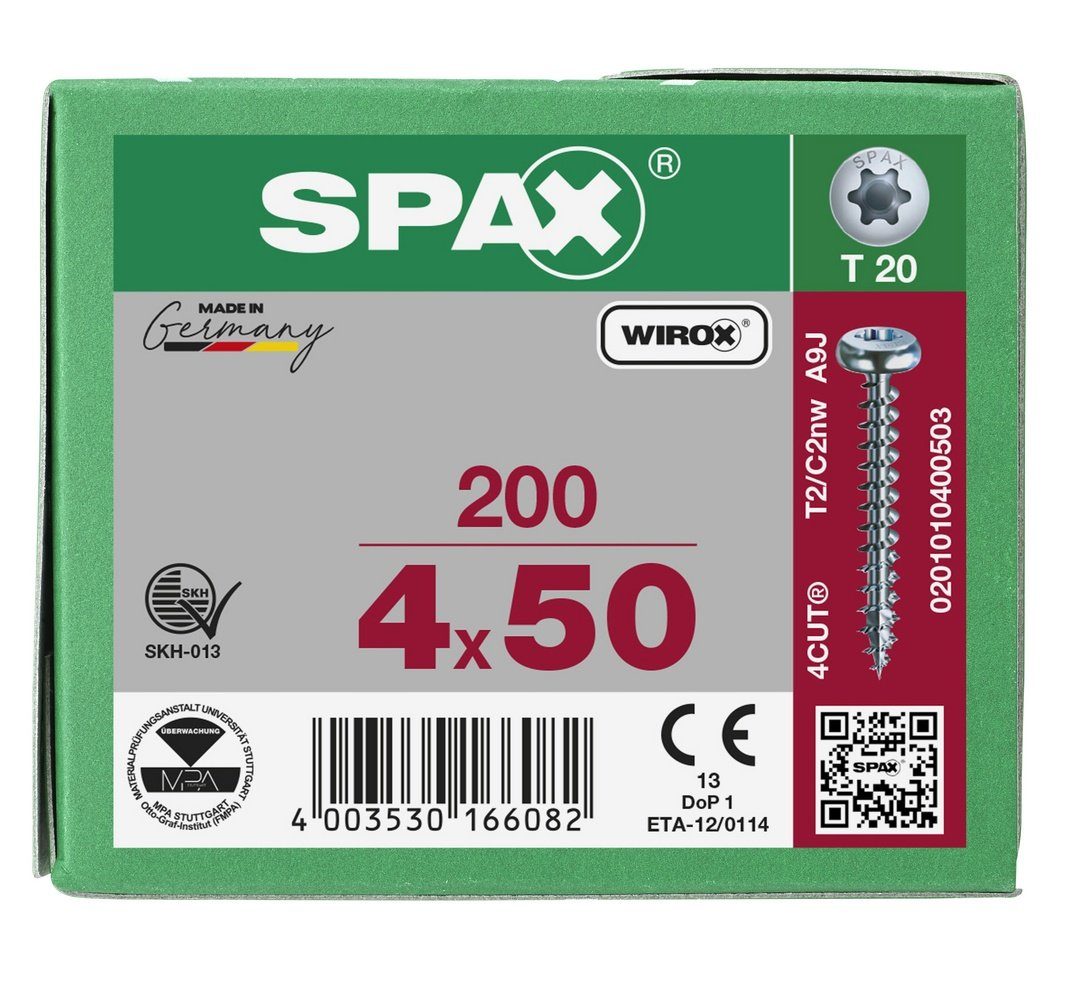 SPAX Spanplattenschraube Universalschraube, (Stahl weiß mm 4x50 St), verzinkt, 200