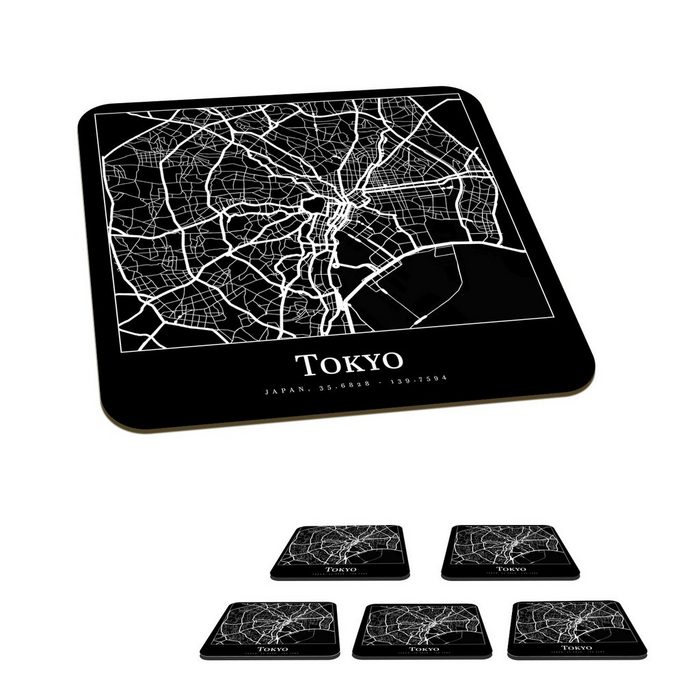 MuchoWow Glasuntersetzer Karte - Tokio - Stadtplan - Tokio Zubehör für Gläser 6-tlg. Glasuntersetzer Tischuntersetzer Korkuntersetzer Untersetzer Tasse