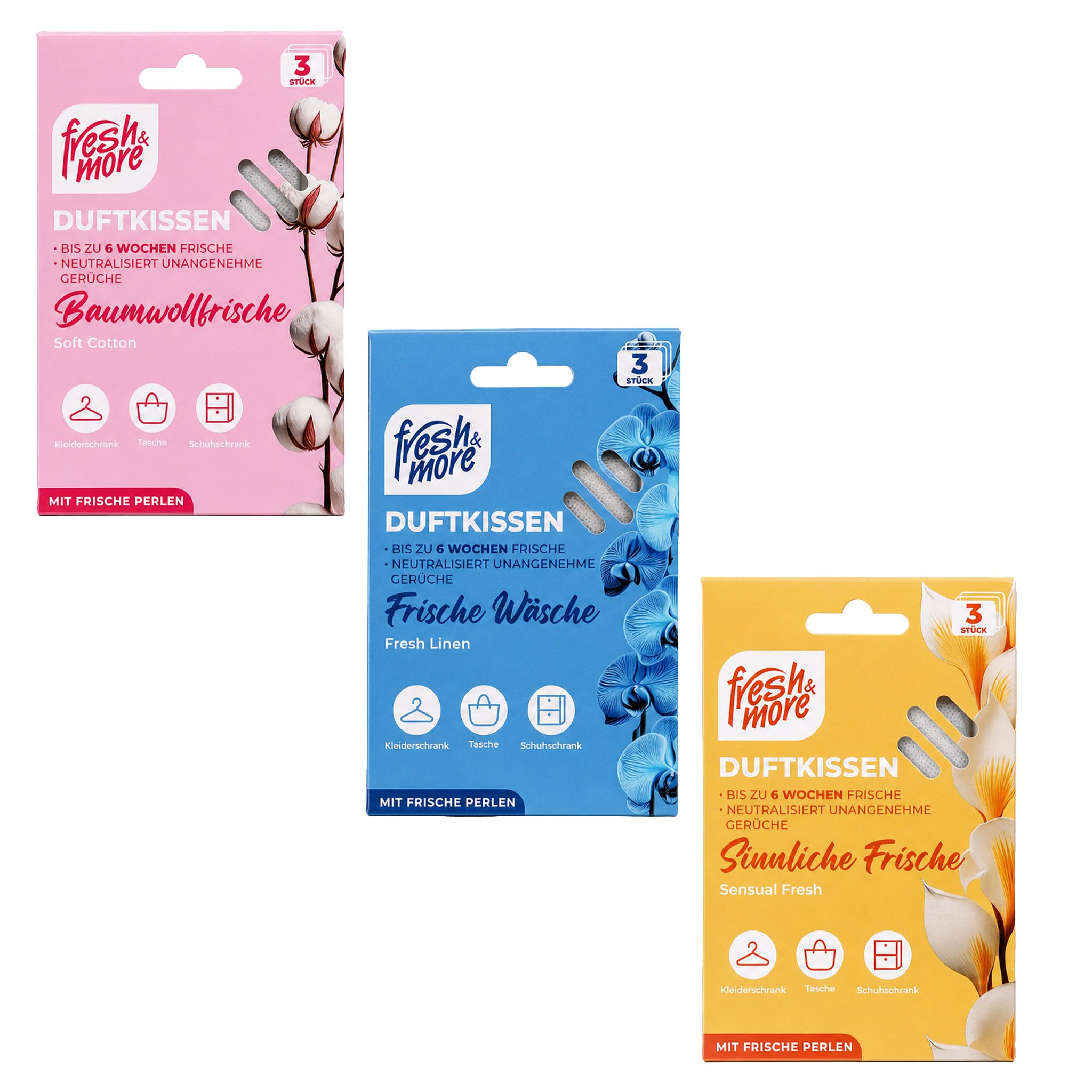 fresh & more Duftbeutel Duftkissen Mix, 3er Set, 9-tlg., 3 Packungen mit je 3 Duftkissen, 3 Duftvarianten, mit Frischeperlen