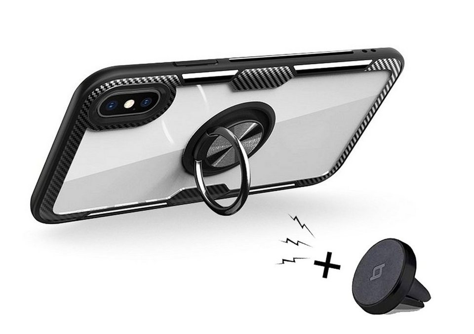 cofi1453 Smartphone-Hülle 360 Grad Schutz Hülle Ring magnetisch Ständer +  KFZ Handy Halterung Magnet Carbon Clear kompatibel mit iPhone 11 Pro Max