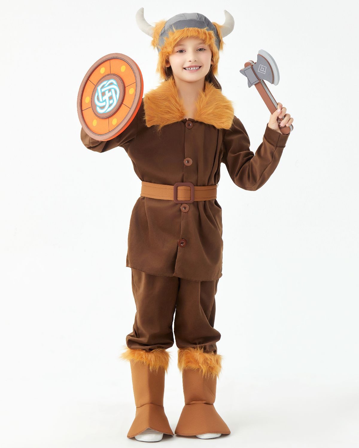 Corimori Ritter-Kostüm Wikinger Kostüm – Vikinger Verkleidung mit Zubehör, Vikinger Verkleidung mit Helm, Gürtel, Fellkragen, Axt & Schild