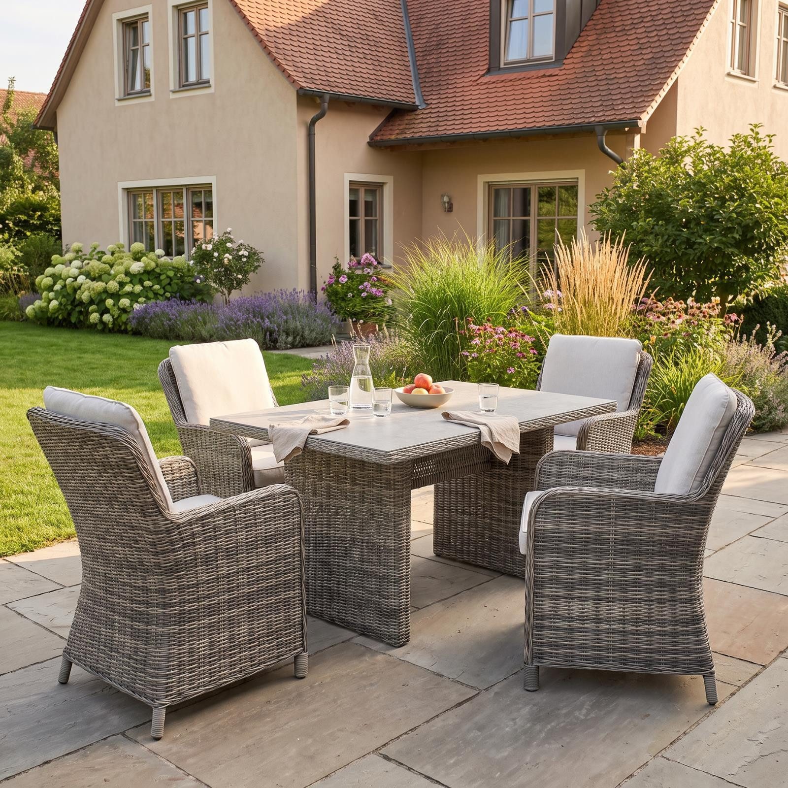 bellavista - Home&Garden® Gartenlounge-Set Dininglounge-Set Ria 5-teilig Polyrattan Grau für 4 Personen, (Set, 5-tlg., 4x Sessel, 1x Tisch, Sitz- und Rückenkissen), grau, Polyrattan, für 4 Personen, wetterfest, Garten, Terrasse, Balkon