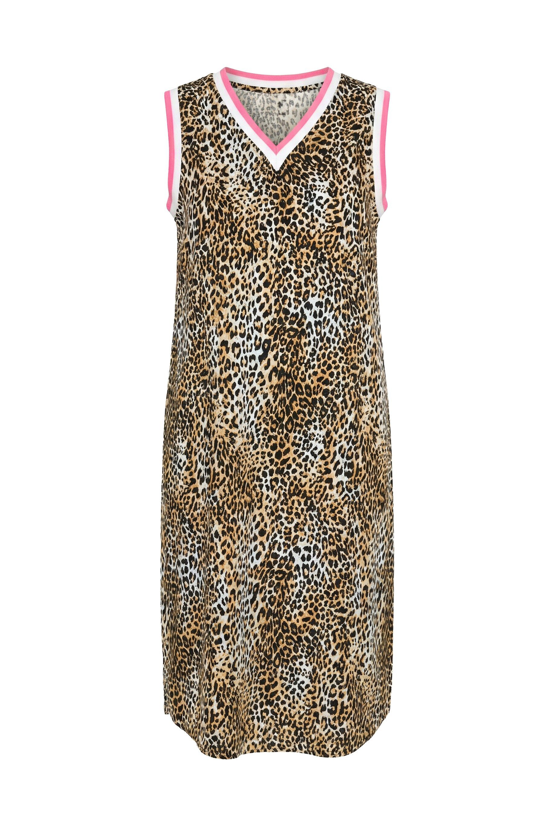 Jerseykleid Midikleid A-Linie ärmellos Leo-Muster Zierbänder