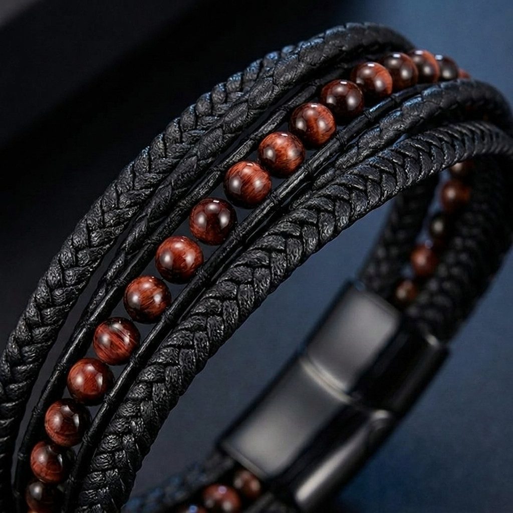 UNIQAL.de Lederarmband DELUXE – elegantes Unisex Natursteinarmband aus Echtleder (geflochten mit Magnetverschluss & Verlängerungsglied, edel, handgefertigt, hoc – Bild 3 von 5