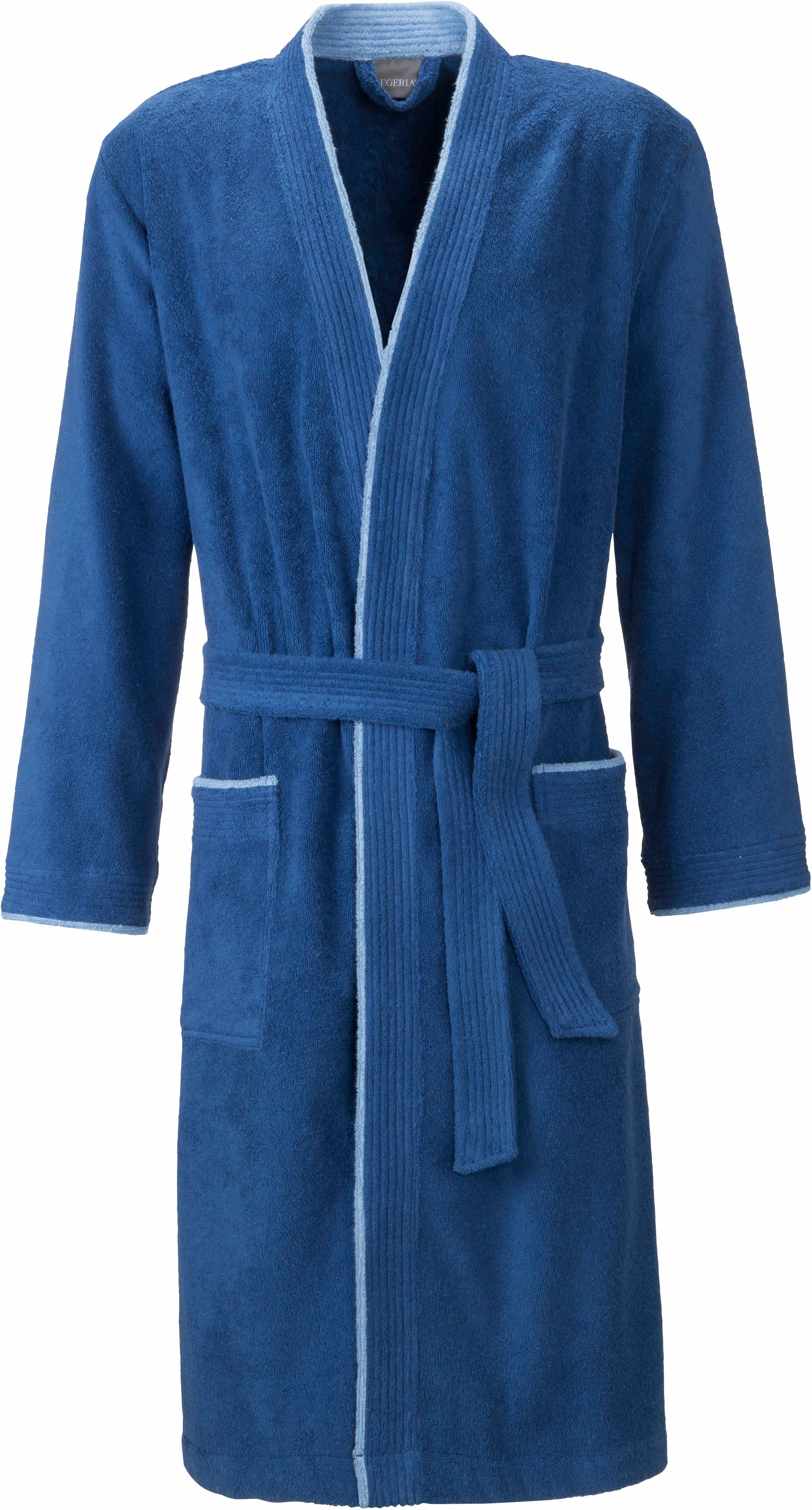 jeansblau Kimono-Kragen, Nico, Paspelierung Herrenbademantel Egeria mit farblich Walkfrottee, Langform, abgesetzte Kimono-Kragen, Gürtel,