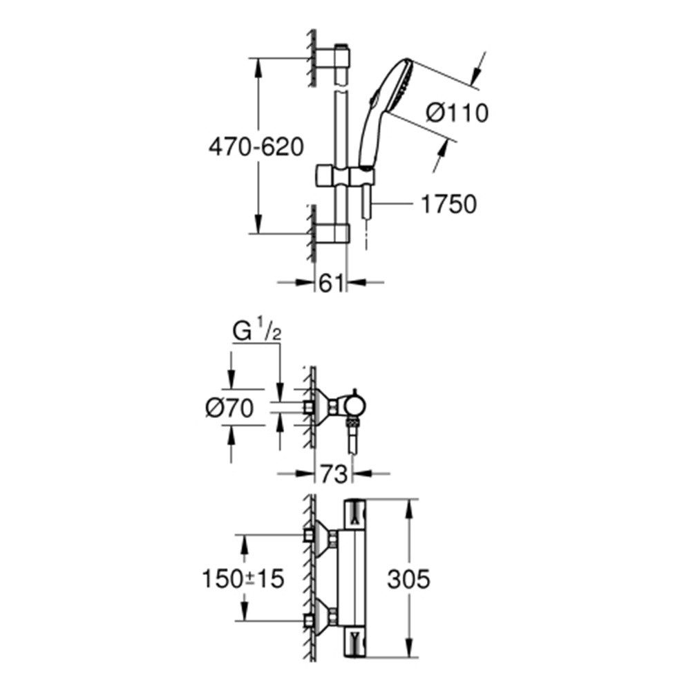 Grohe Stangenbrause-Set GROHE THM-Brausebatterie Grohtherm 800 mit Brausegarnitur 600mm chrom, Höhe 60,00 cm