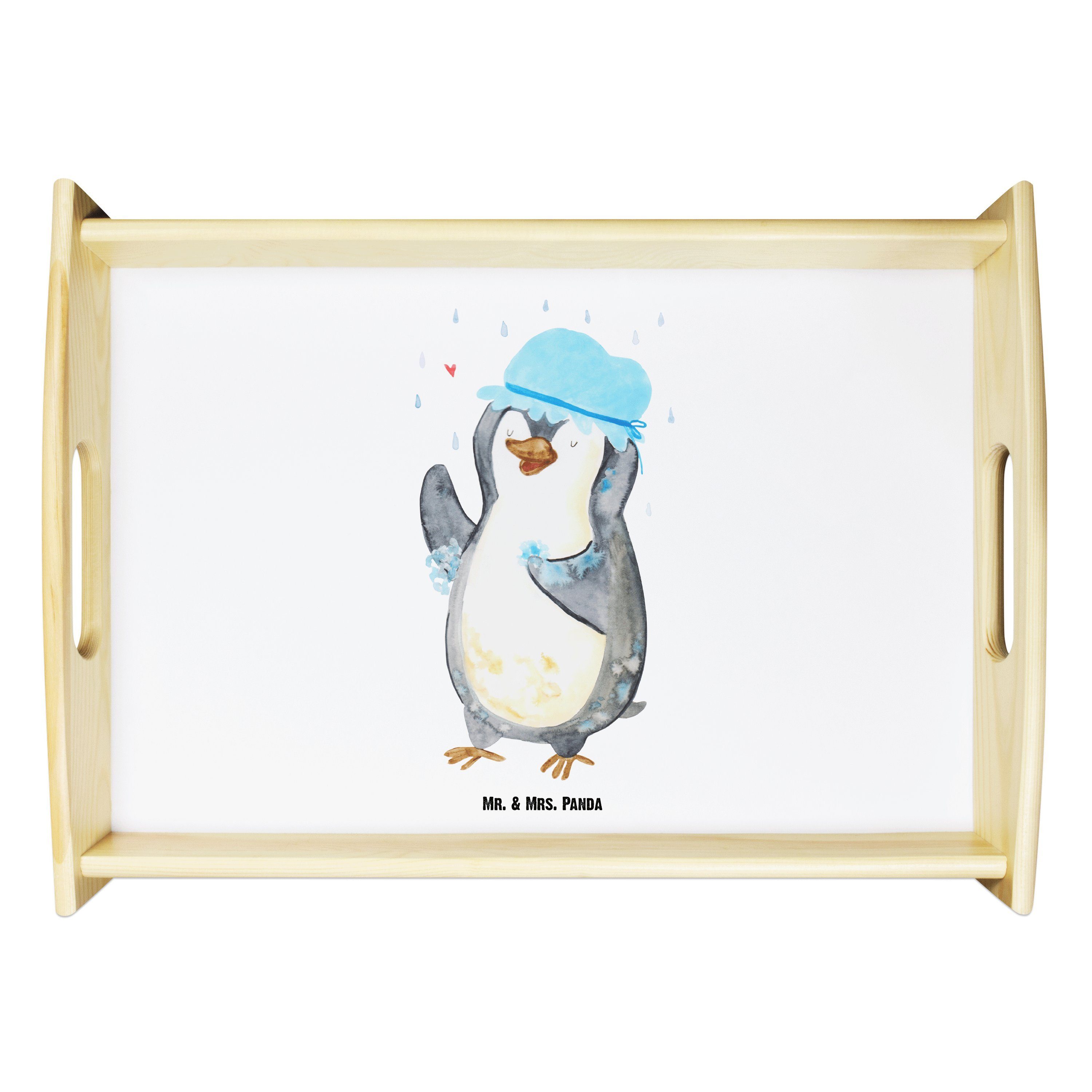 Tablett, duscht Frühstüc, Tablett Pinguine, Panda Echtholz Weiß (1-tlg) Geschenk, lasiert, - Dusche, - Pinguin & Mrs. Mr.
