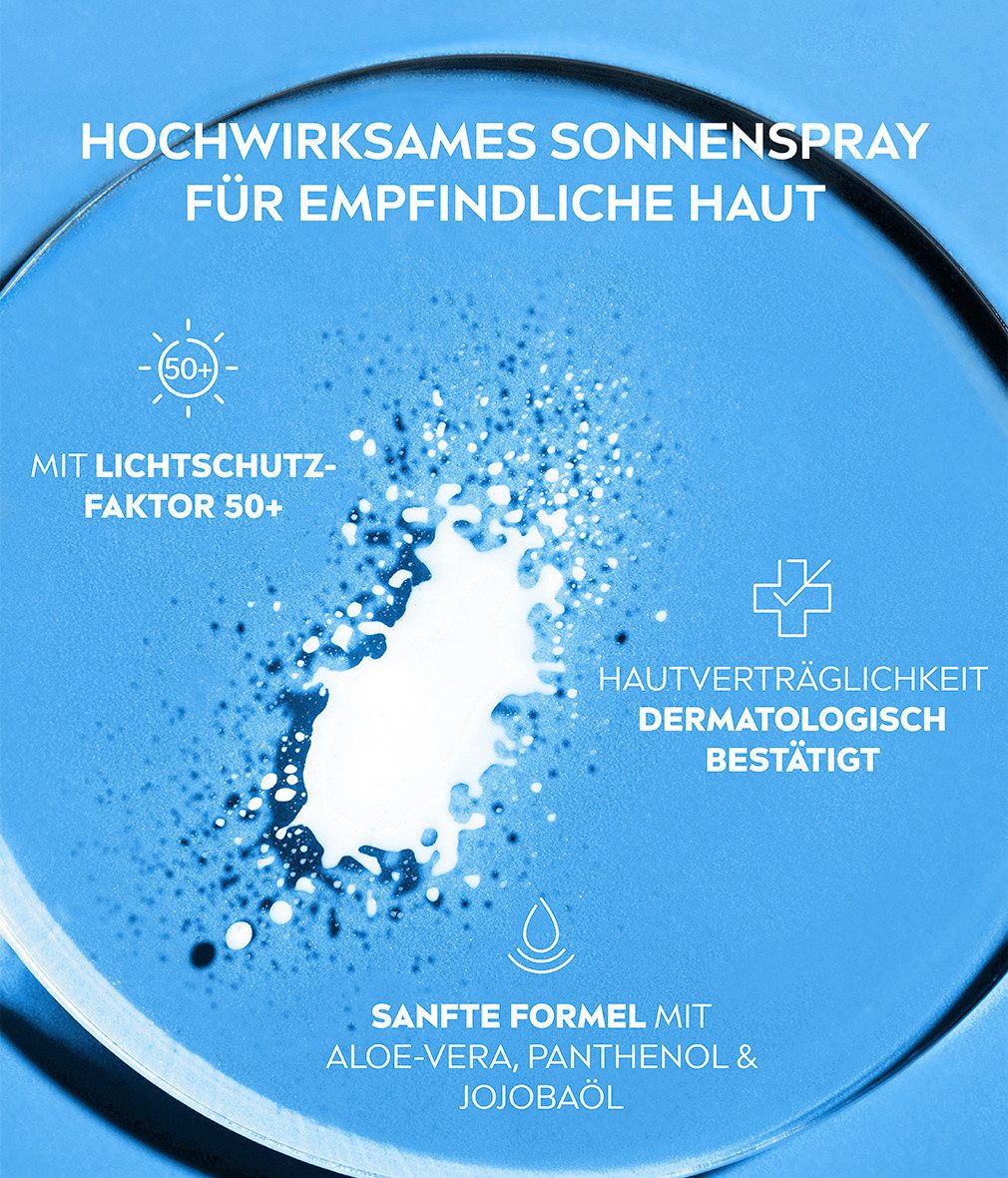 Nivea Sun Sonnenschutzspray SUN Sensitiv sofort Schutz Anti Sonnenallergie Spray LSF 50+ 200ml, Aktive Inhaltsstoffe: Aloe Vera, Licorice Extract, Bio Aloe Vera