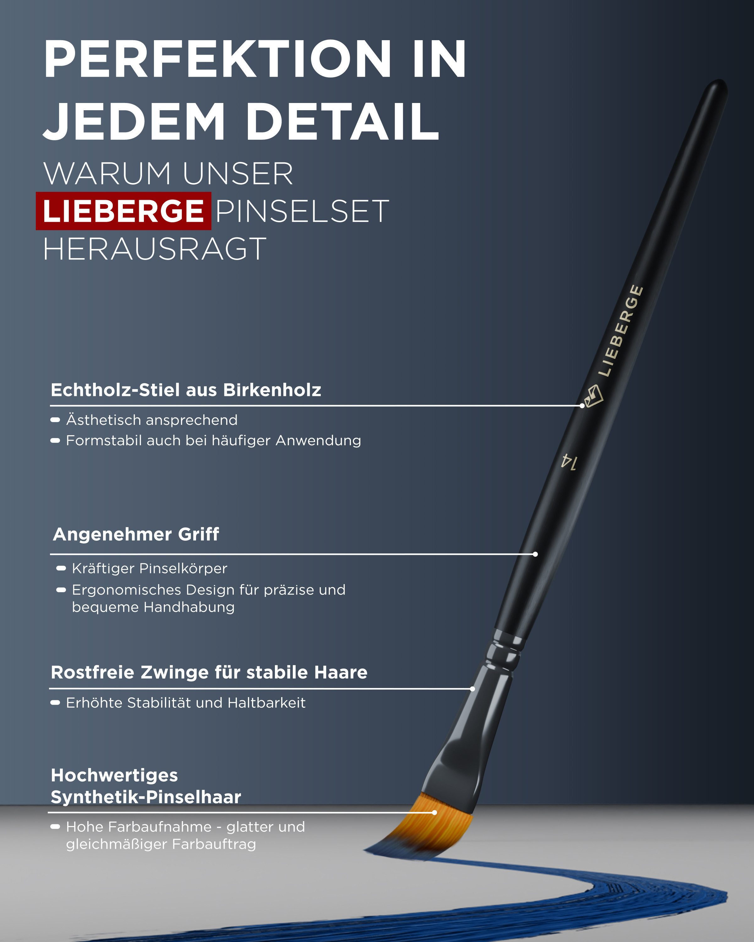 LIEBERGE Malpinsel Premium Set – 12 Pinsel für Acryl, Aquarell, Öl, inkl. Präsenter, (Set, 12 St., Pinselpräsenter, Flachpinsel, Fächerpinsel, Rundpinsel, Schrä – Bild 5 von 5