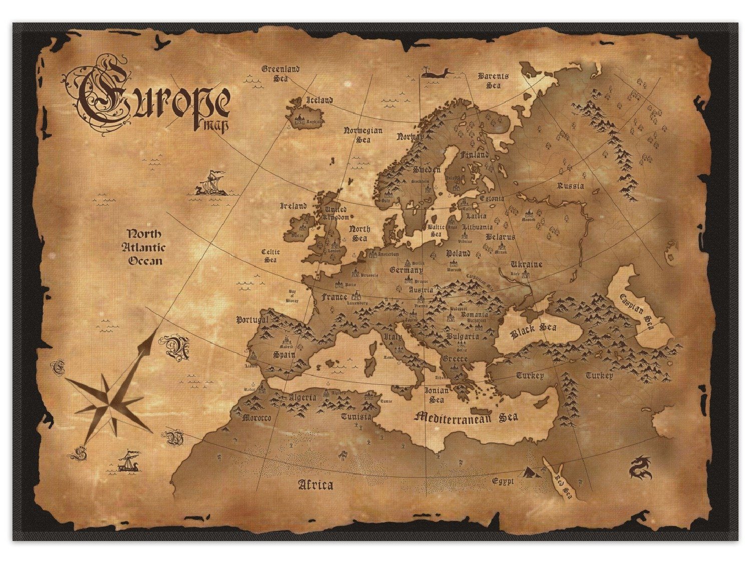 Wallario Teppich Alte Weltkarte Karte von Europa in englisch, rechteckig, rutschfest