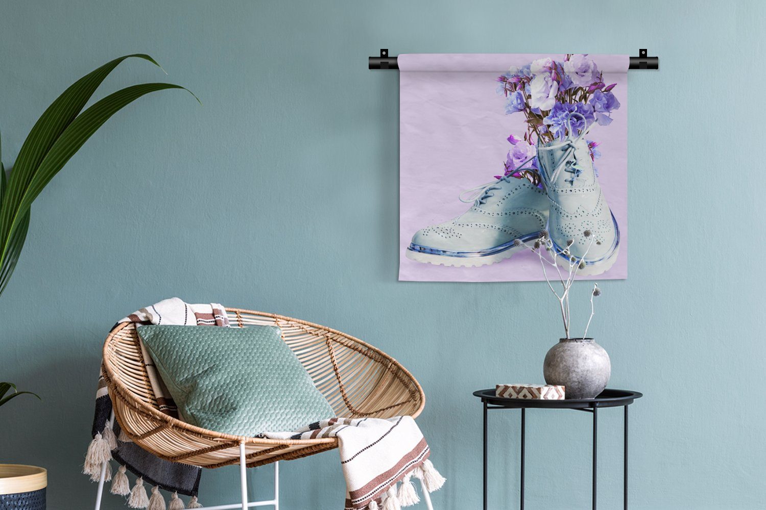 Wandbehang, Blau, Schuhe Lila - Kleid, Wanddeko - für Schlafzimmer, - Wanddekoobjekt Blumen MuchoWow Kinderzimmer Wohnzimmer,
