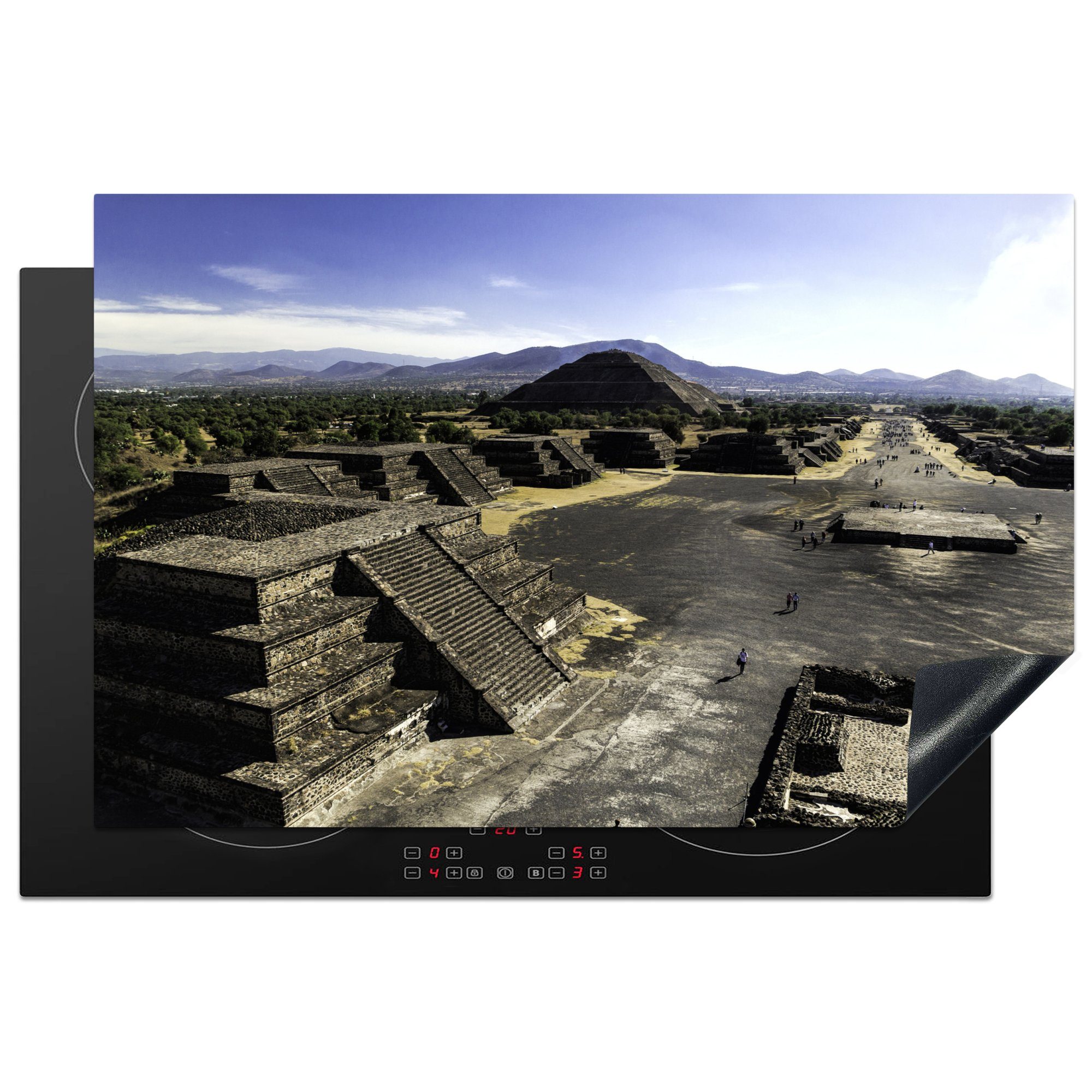 MuchoWow Herdblende-/Abdeckplatte 81x52 Teotihuacán, tlg), Mondpyramide in (1 Schutz die cm, Ceranfeldabdeckung die Vinyl, über der Pyramiden von küche, Blick Induktionskochfeld für