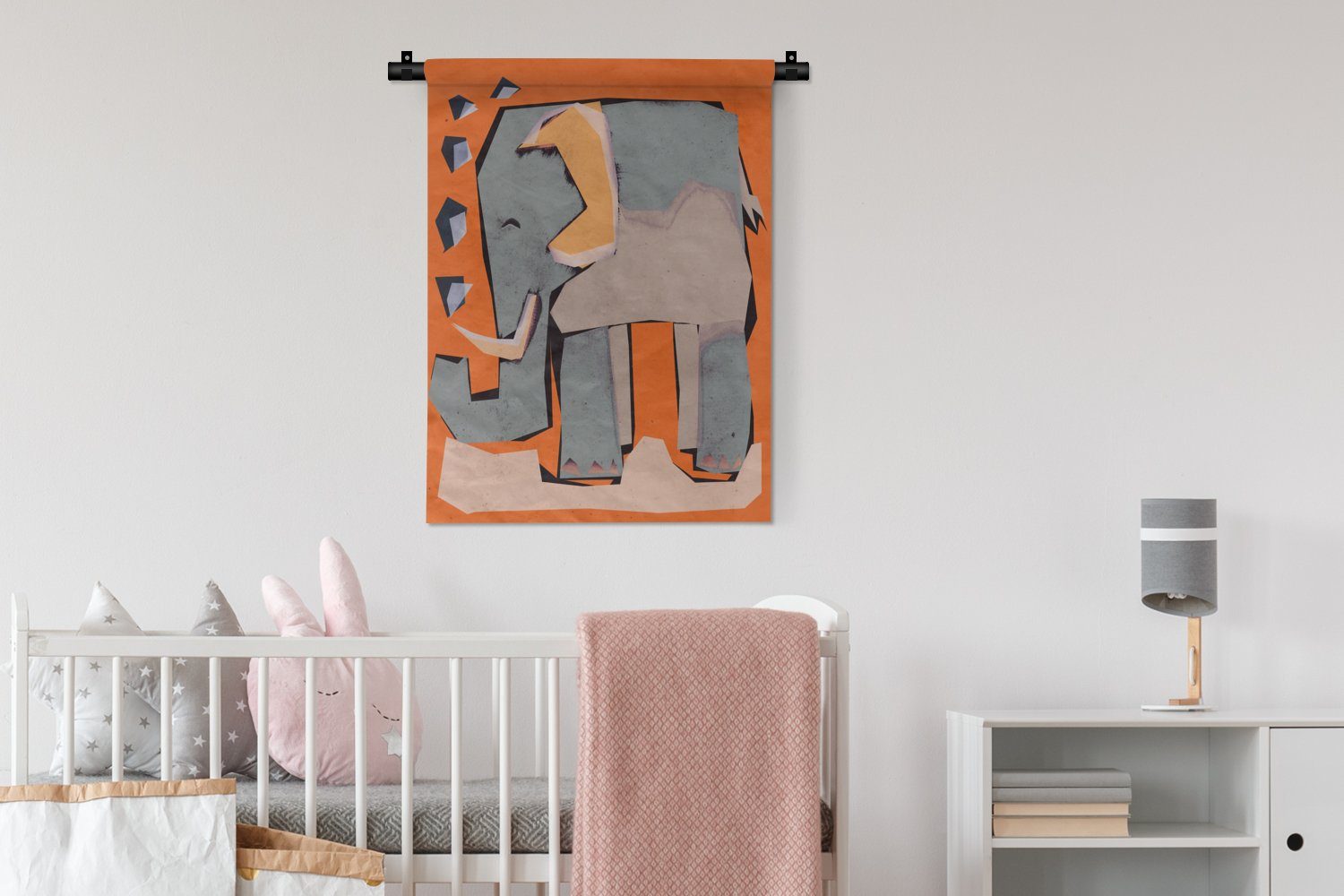 MuchoWow Wanddekoobjekt - für Orange Schlafzimmer Elefant Tapisserie, - Kinder Pastell - Deko Wand, Wohnzimmer, der - Tiere, an