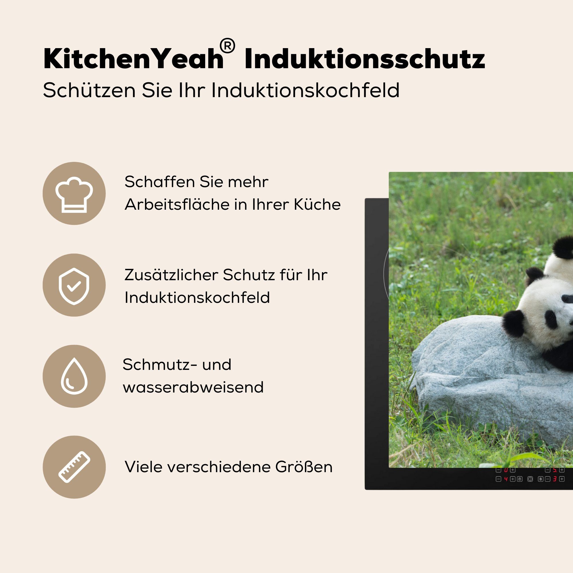 küche, - 81x52 (1 Schutz Gras Stein, Pandas Vinyl, Ceranfeldabdeckung cm, Herdblende-/Abdeckplatte MuchoWow die für tlg), Induktionskochfeld -