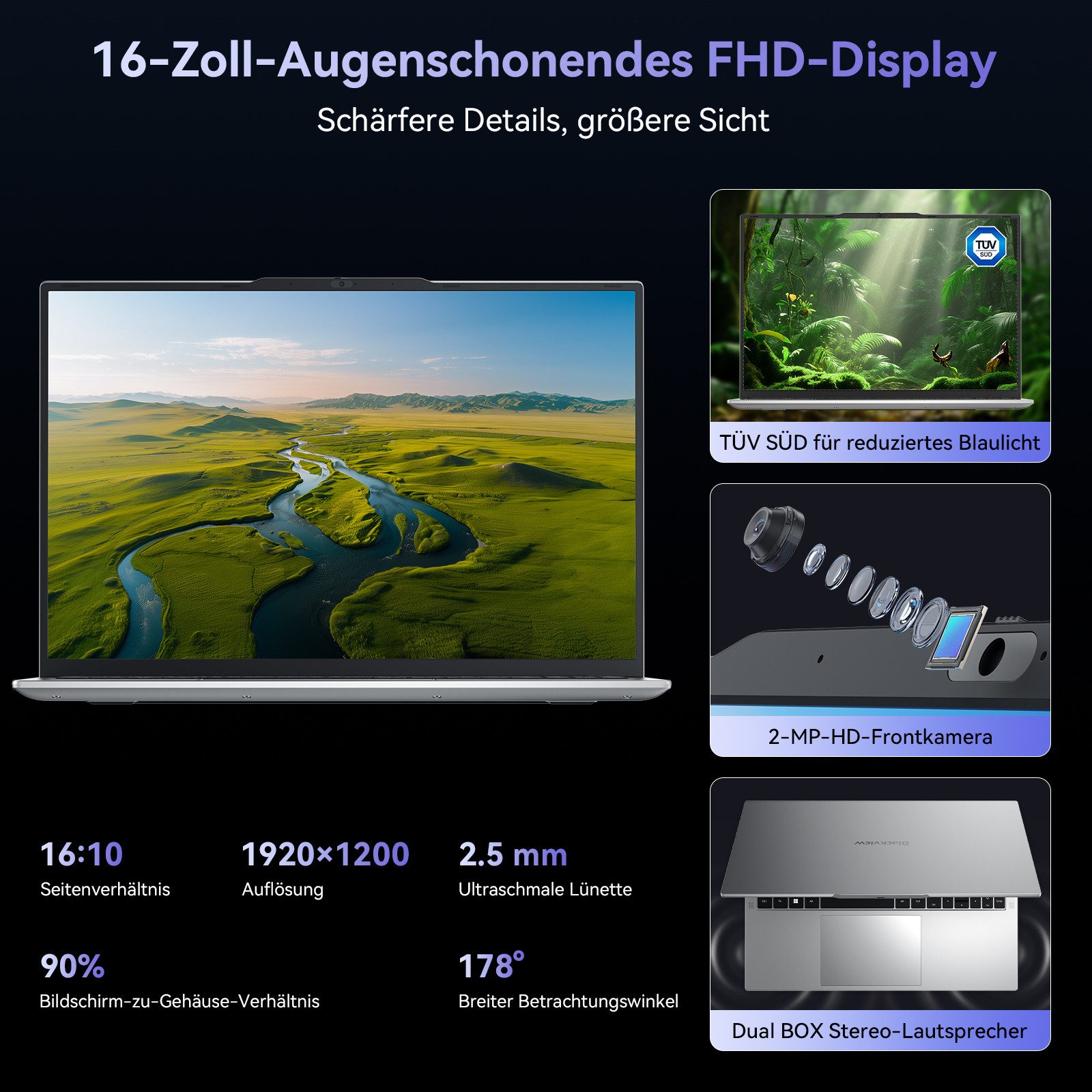 blackview 2026 16‘’ Laptop AMD Ryzen 7 16GB RAM 512GB SSD FHD IPS Windows 11 Pro Notebook (Radeon Vega 10-Grafikkart AMD Ryzen 7 AMD Ryzen 7 3700U, AMD Ryzen 7 3700U, 16 GB, 02 GB SSD, TÜV-Augenschutz. Ultraleicht (1,65 kg / 17,4 mm). 4C/8T)