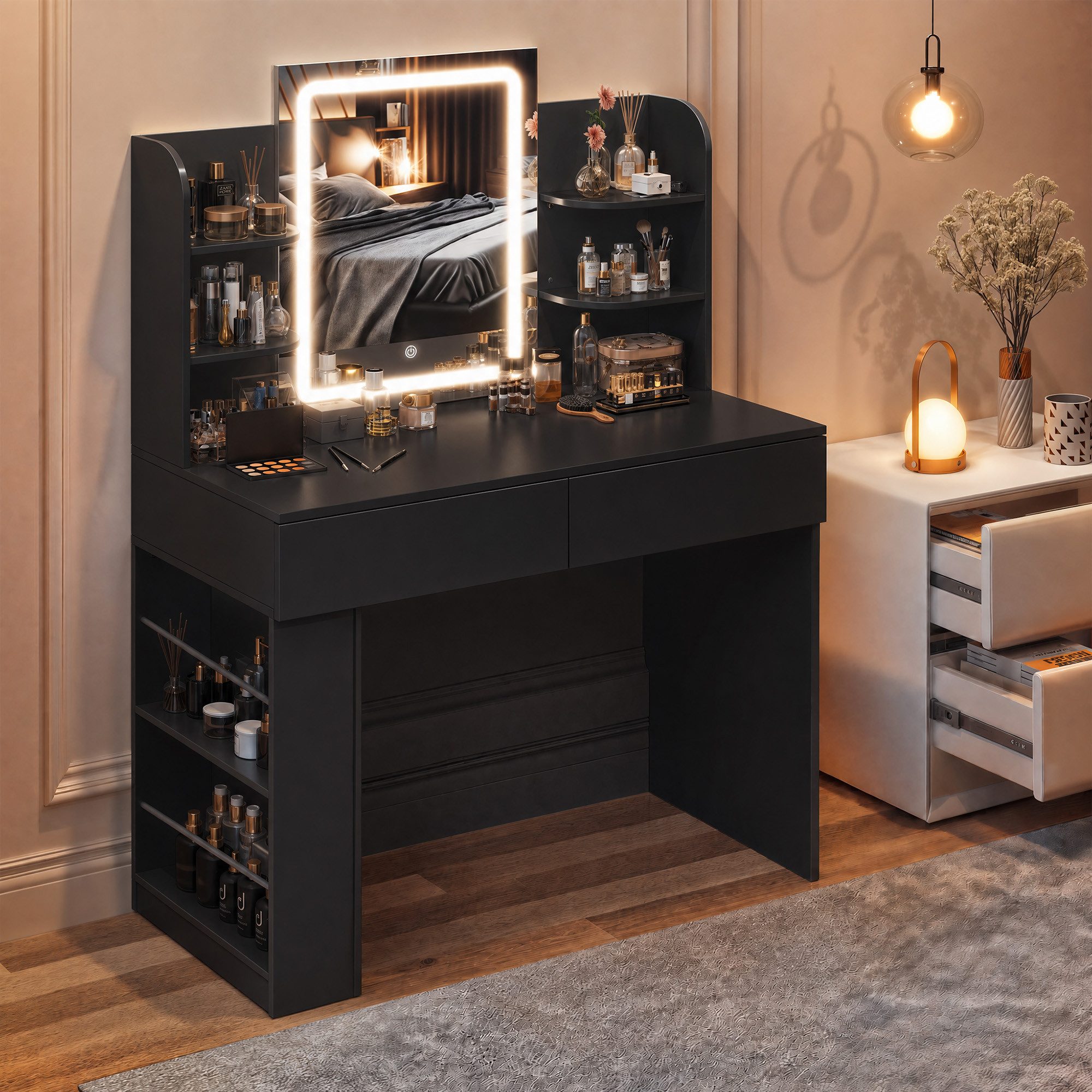 HOMALL Schminktisch mit Spiegel, LED-Beleuchtung, einstellbare Helligkeit, ostern (Langex Brete x Hthe) 90/110 x 40x 135 cm. B ofene Facher (2 seitiche Facher sind nach inks und rechts verschiebban. 2 groBe Schubladen)