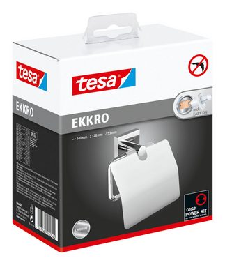 tesa Toilettenpapierhalter 1 x EKKRO WC-Papierrollenhalter mit Deckel (Komplett-Set, 2-St., inkl. Klebelösung), chrom - silber glänzend - 5,3 cm : 14 cm : 12,8 cm