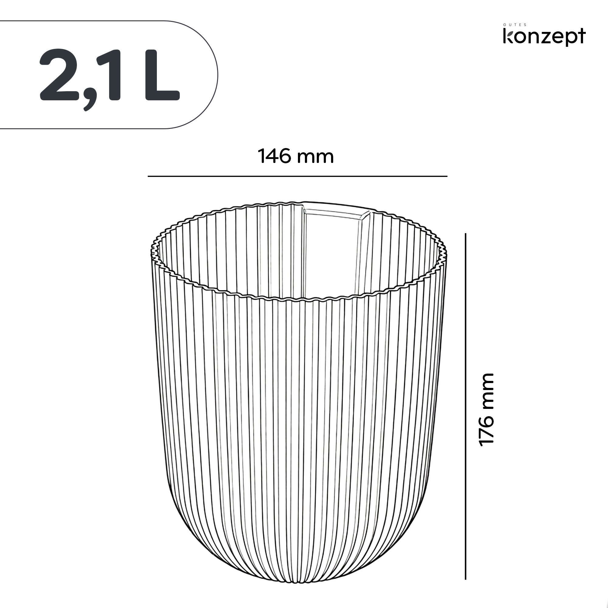 KONZEPT Blumentopf mit dezenter Wandbefestigung Ø 14,6 cm, Hängetopf 2,1 L, Matte, geriffelte Oberfläche, Volumen: 2,1 L