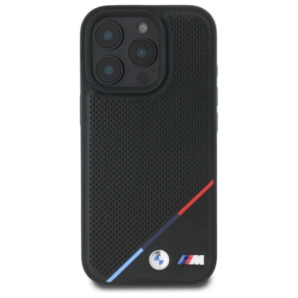 BMW Handyhülle iPhone 16 Pro Max Tricolor Kunstleder gelocht schwarz MagSafe 6,9 Zoll, Kantenschutz