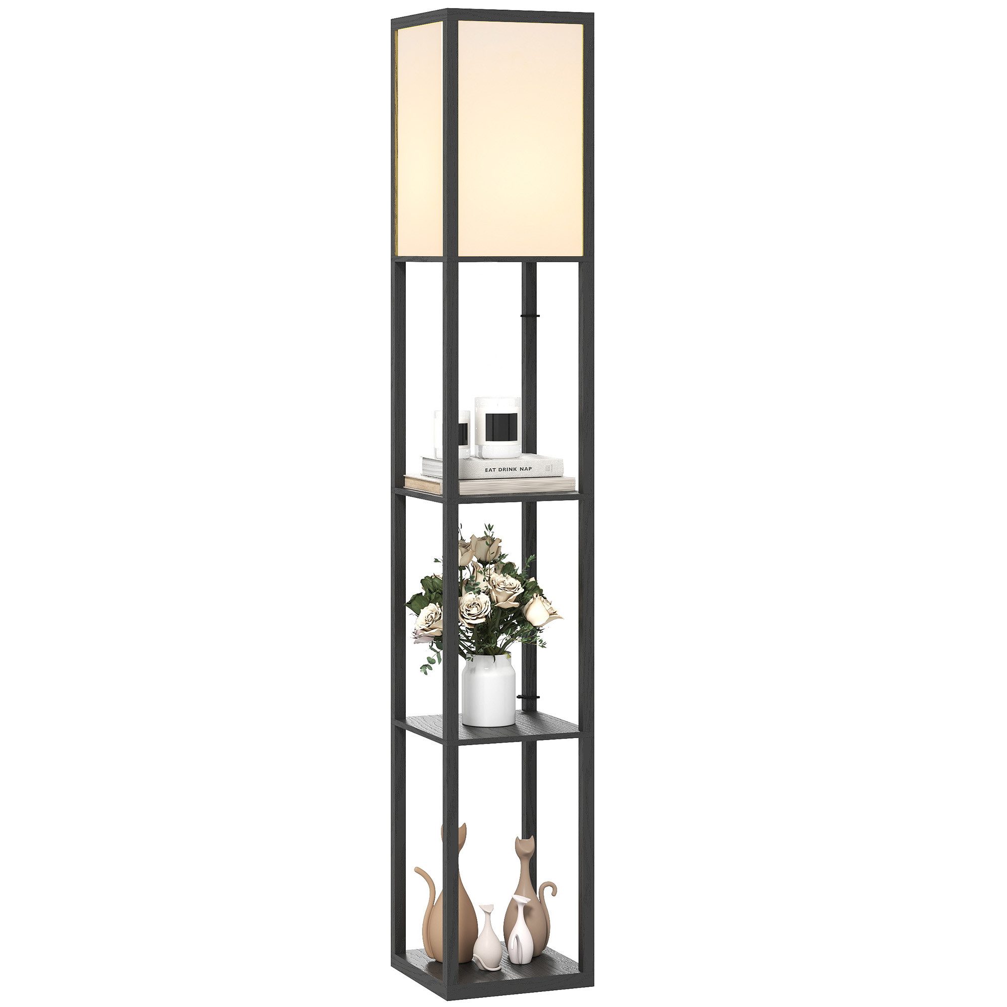 HOMCOM Stehlampe Stehlampe mit Regalen E27 40W Nachttischlampe Acryl Lampenschirm, Ablagefächer, Lichtquelle, Fußschalter, ohne Leuchtmittel, Stehlampe mit Ablagen, platzsparend