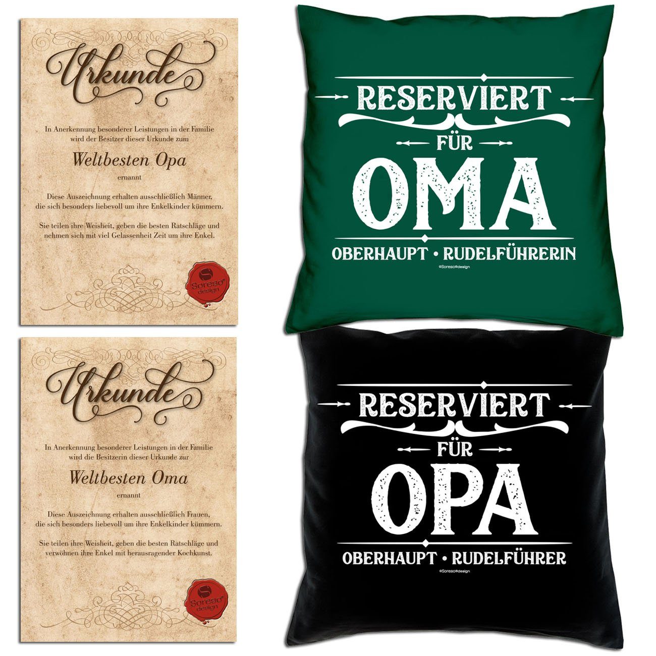 Soreso® Dekokissen Kissen-Set Reserviert für Opa Reserviert für Oma mit Urkunden, Geschenkidee Hochzeitstag Omatag Opatag dunkelgrün