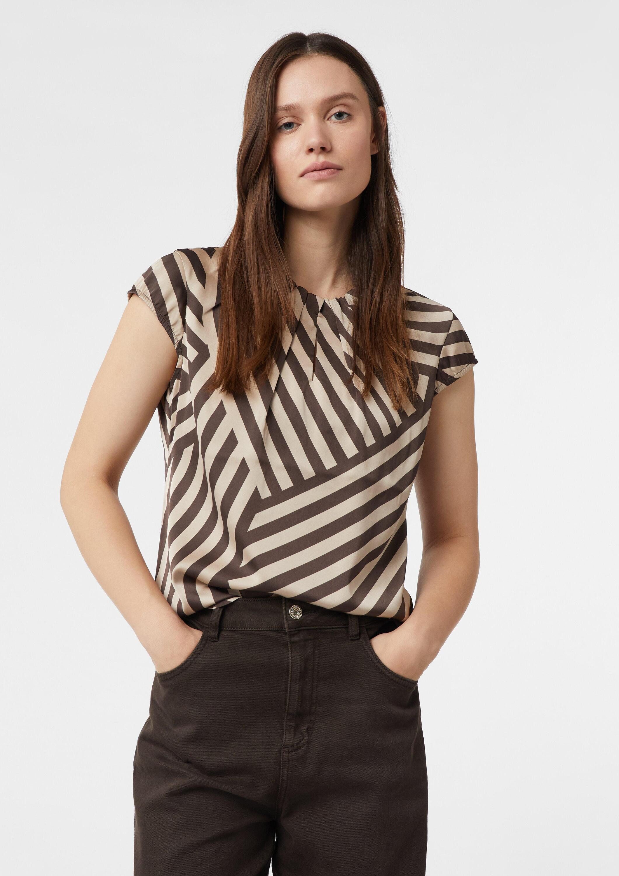 comma Kurzarmbluse Bluse Satinbluse mit Raffung und All-over-Print