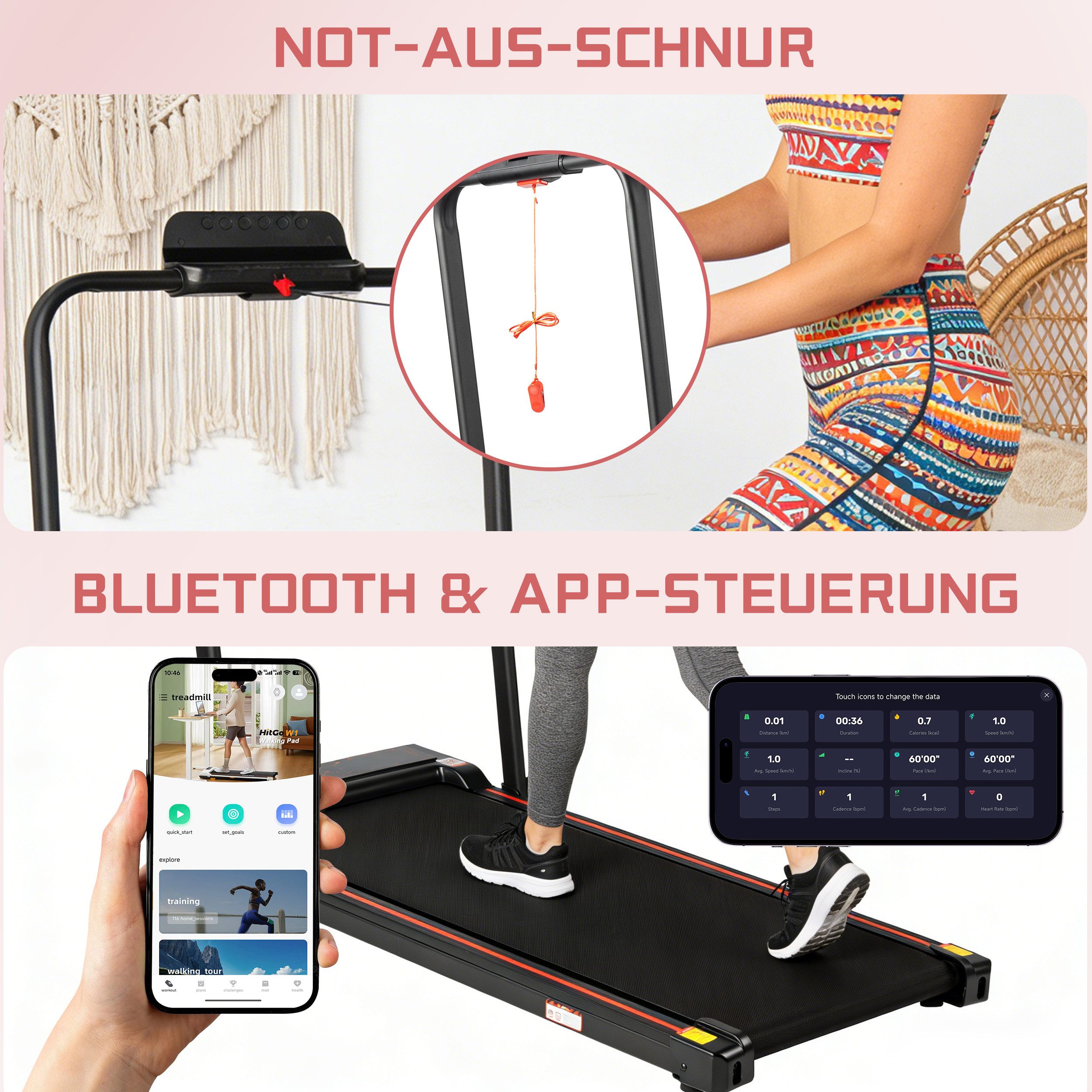 Vankel Laufband klappbar, 1-12km/h, bis 120kg, mit Steigung 8% (Fernbedienung), LED-Display, Bluetooth, WLAN