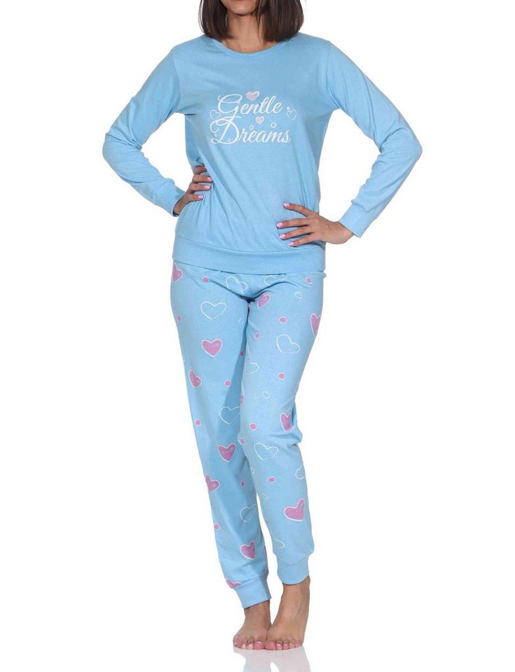 Normann Pyjama Normann Damen Schlafanzug langarm Pyjama in Herz Tupfen Punkte Optik