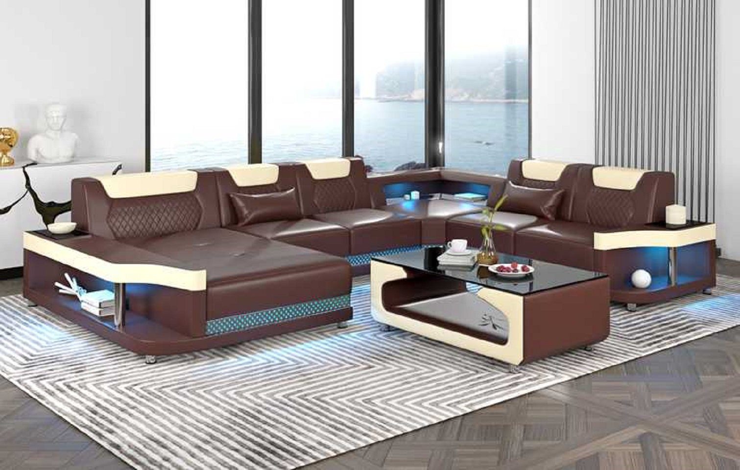 JVmoebel Ecksofa Großes Sofa LED XXL Luxus, Teile, Made in Europe 4 Ecksofa Form U Braun Wohnlandschaft
