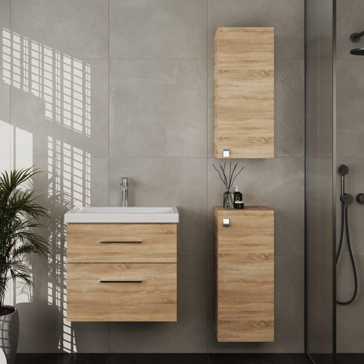 Planetmöbel Badmöbel-Set Badmöbel-Set 63cm mit 2x Midischrank, (Waschbeckenunterschrank, Badezimmerschrank)