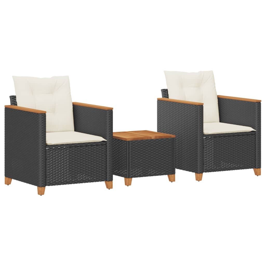 vidaXL Gartenlounge-Set 3-tlg. Bistro-Set mit Kissen Schwarz Poly Rattan nholz, (1-tlg)