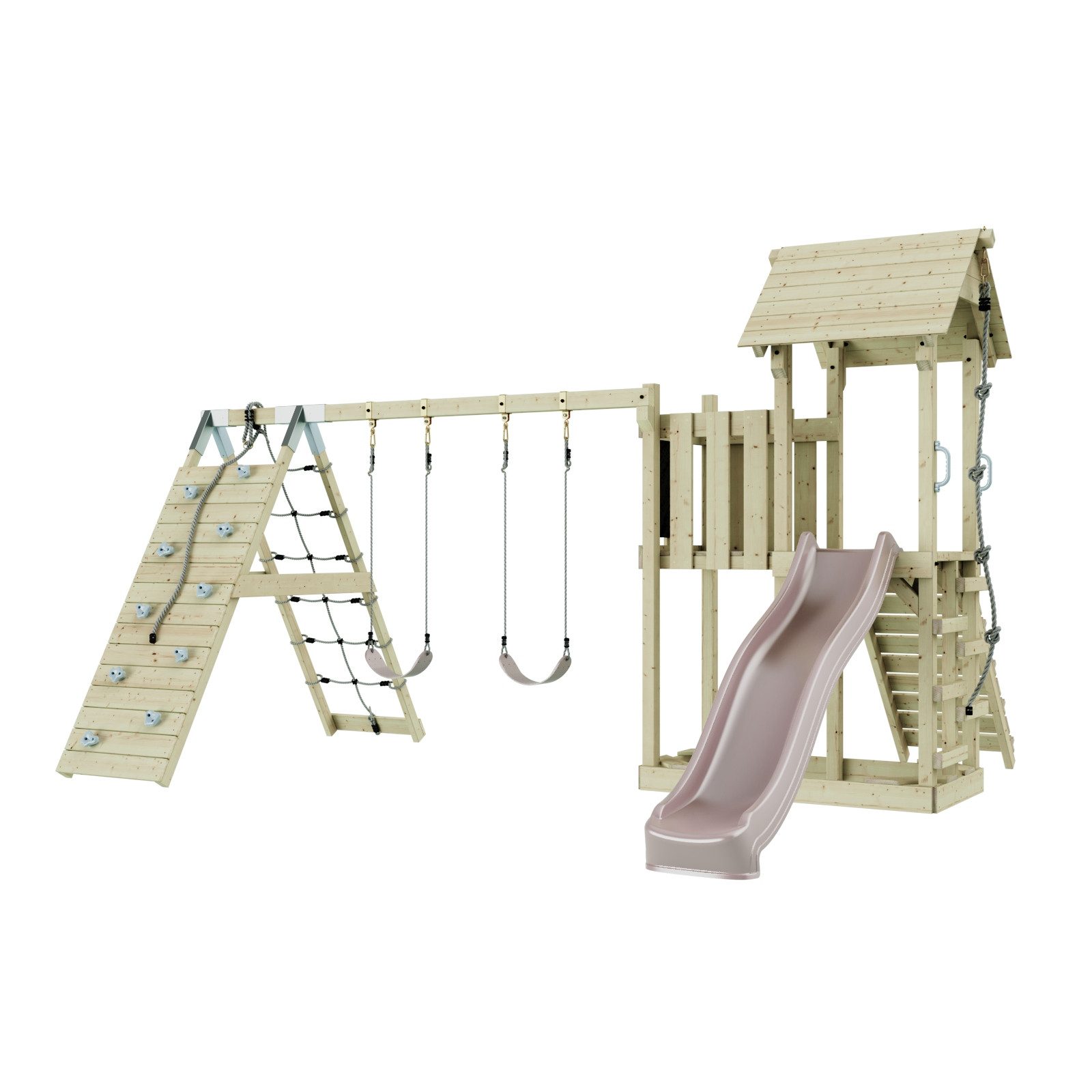OutdoorToys Spielturm Roskilde aus Holz in Altrosa mit Kinderschaukel, aus Holz in Altrosa mit Kinderschaukel