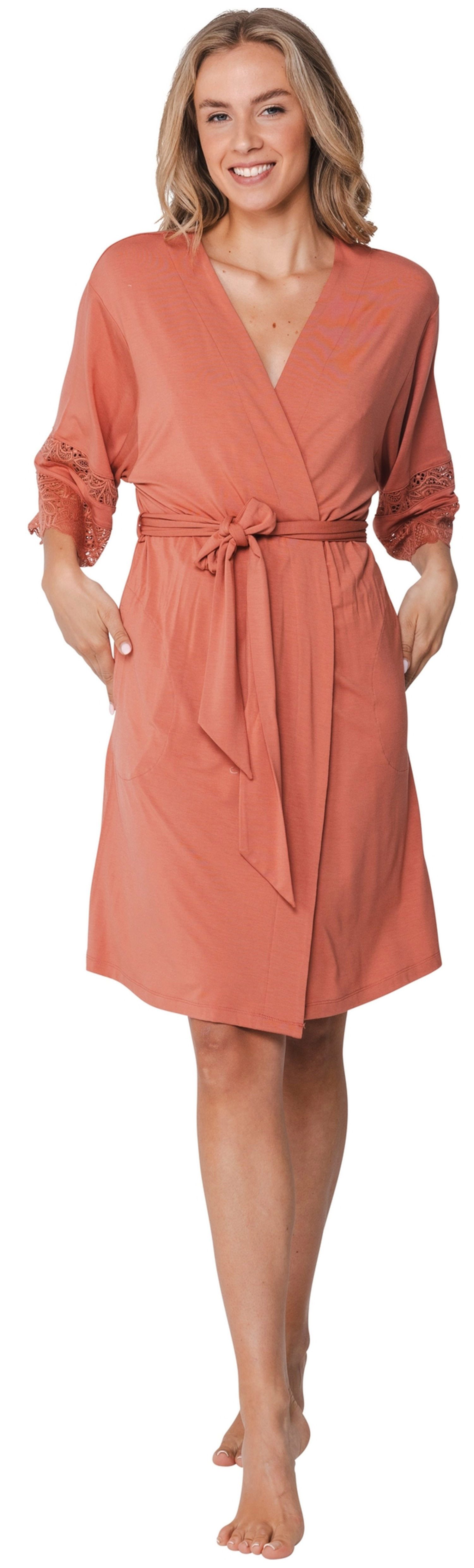 Pastunette Kimono Damen Morgenmantel mit Spitze, Midi, Modalmischung, Kimonokragen, Gürtel, Edles Design