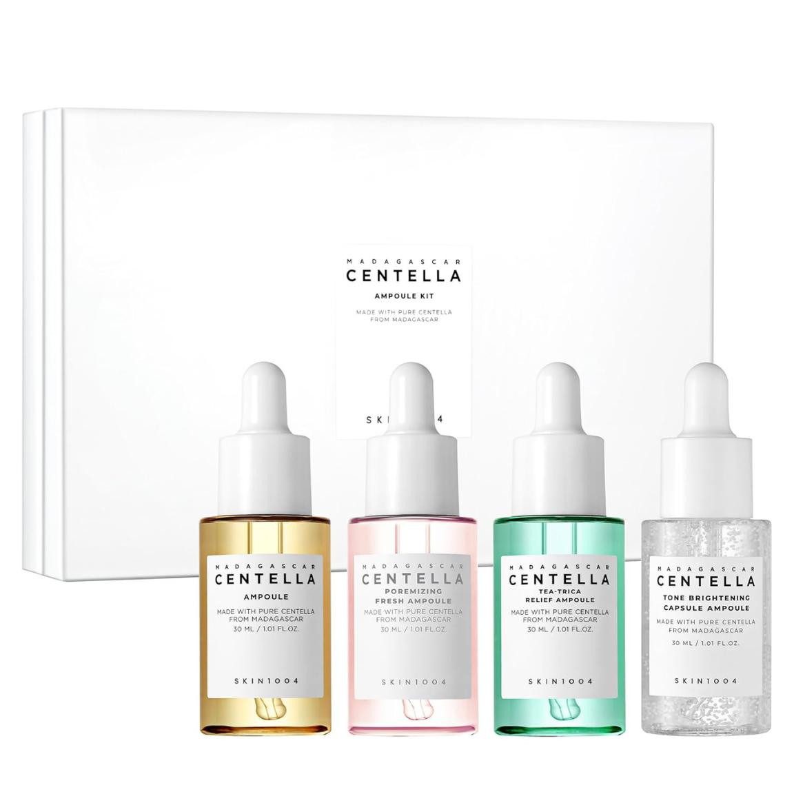 SKIN1004 Hautpflege-Set Madagascar Centella Ampoule Kit – 4×30 ml Gesichtspflege-Set – Centella Asiatica, Niacinamid & Peptide – leichte Serum-, Textur für verschiedene Hauttypen
