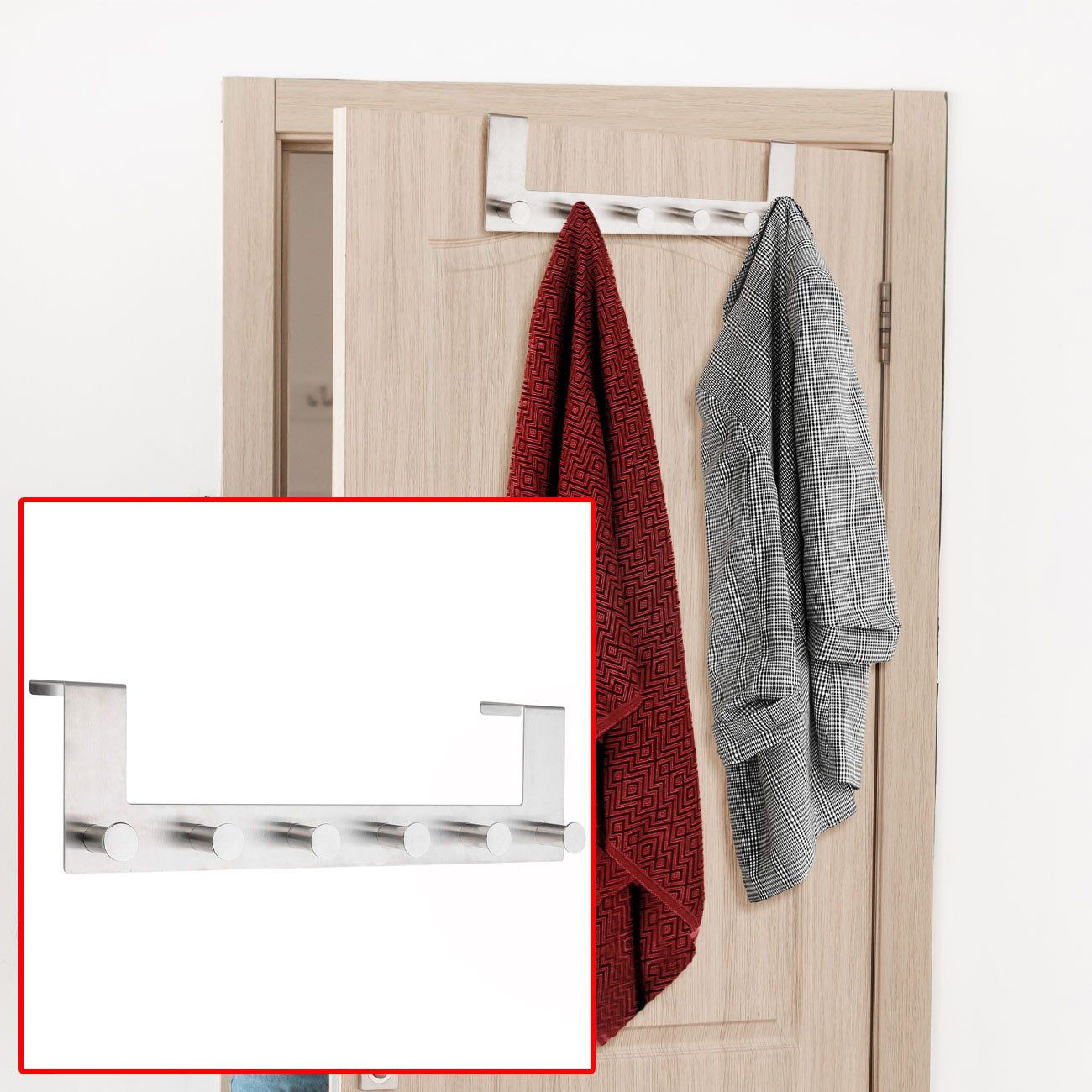 HI Türgarderobe Tür-Garderobenleiste aus Edelstahl (6 Haken), Hakenleiste 39x11x4,6cm, Türfalzstärken bis zu 4,0 cm, 6 Haken ohne Bohren, mobile Garderobe für Türfalz bis 4 cm
