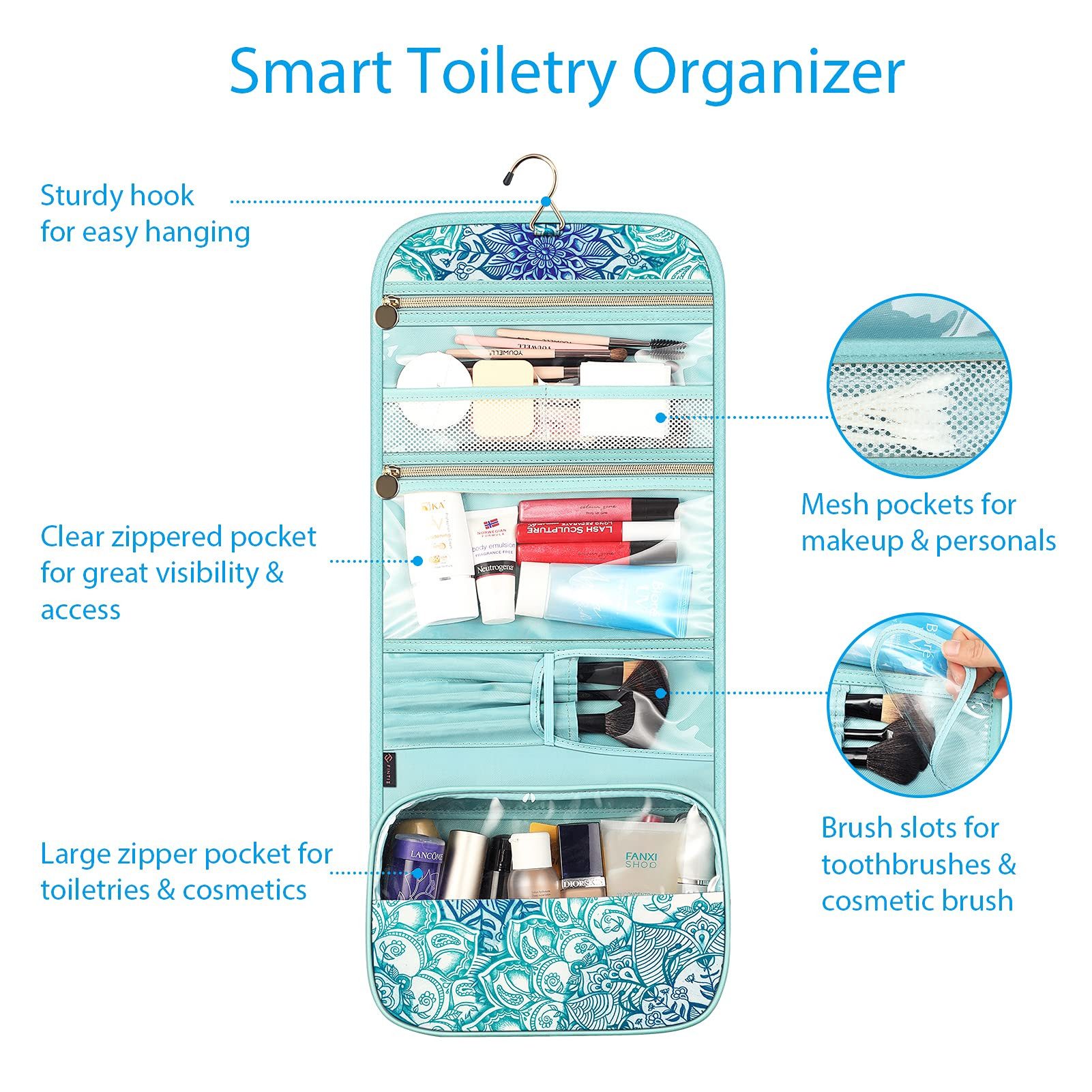 Fintie Kulturbeutel Tragbare Kulturtasche Kosmetiktasche Reisetasche, Große wasserdichte, Aufhängen Make-up Organizer Stauraum Tasche für Damen Mädchen – Bild 2 von 5